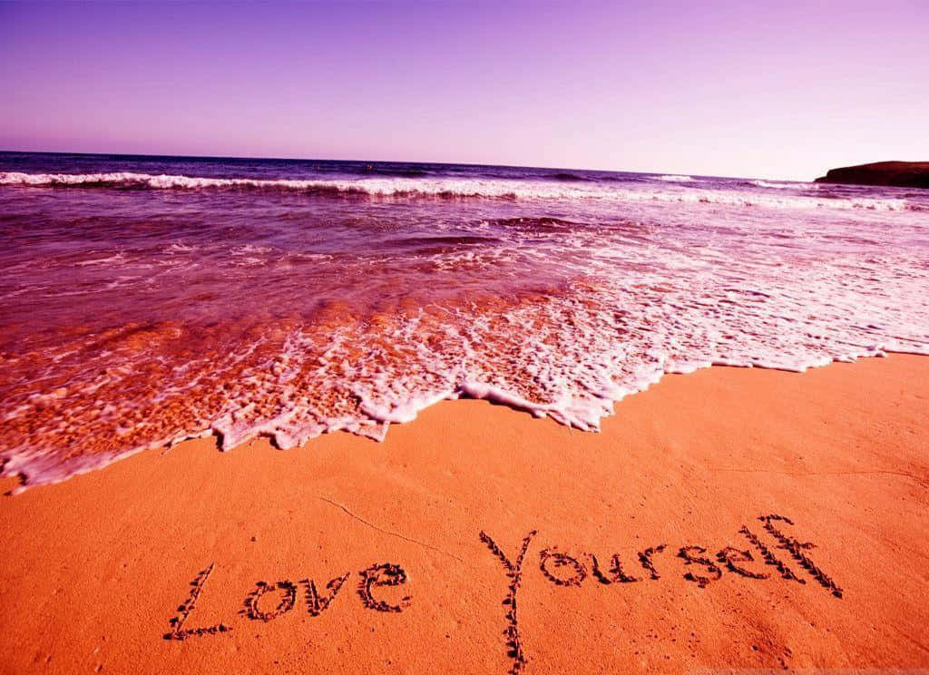 Love Yourself, pink-hued ocean waves, orange sand, SD Desktop Wallpaper