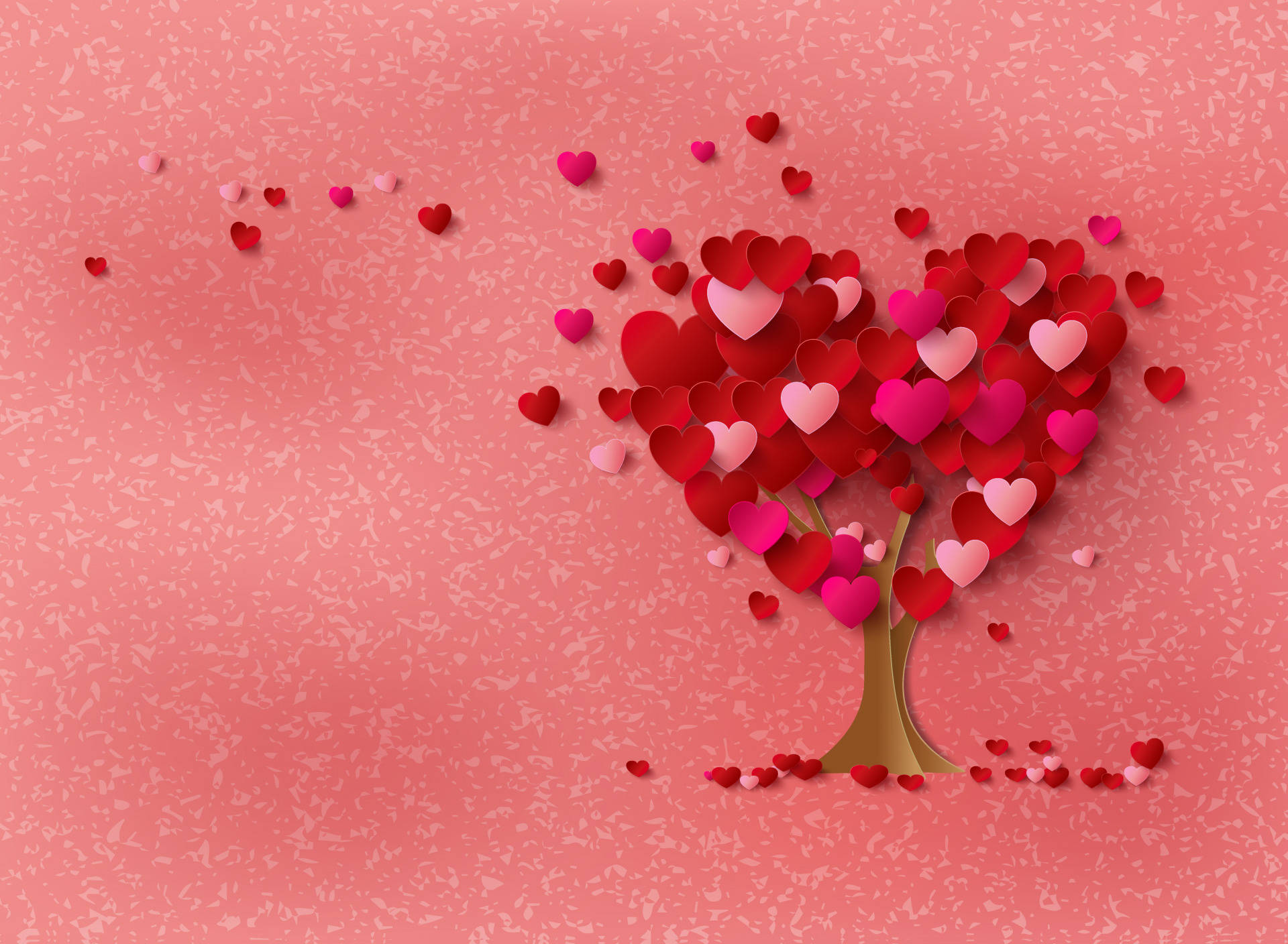 cute love heart tree, red and pink hearts, textured coral background, Full HD Desktop Wallpaper