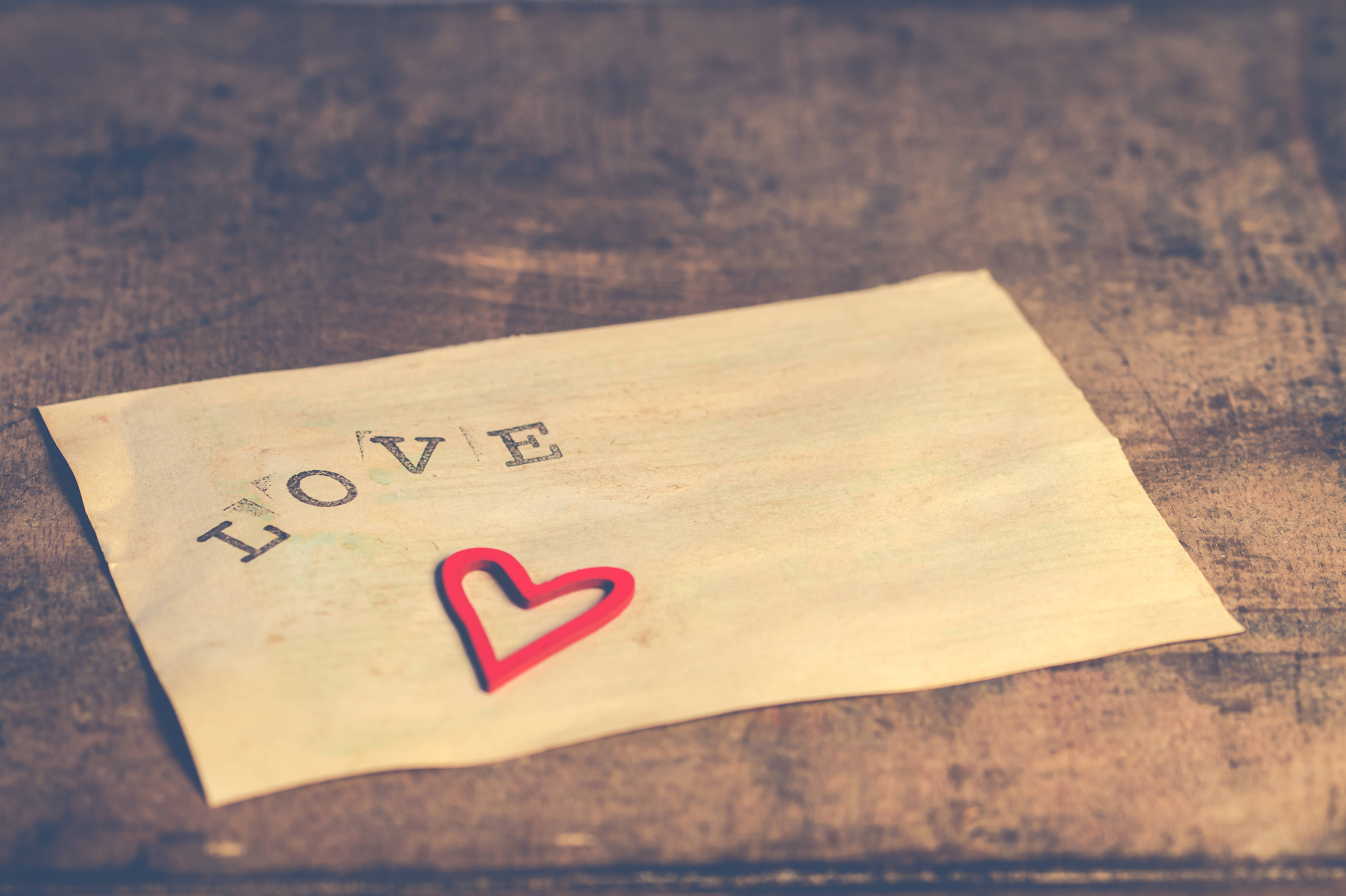 LOVE, red heart cutout, vintage paper note, 5K Desktop Wallpaper