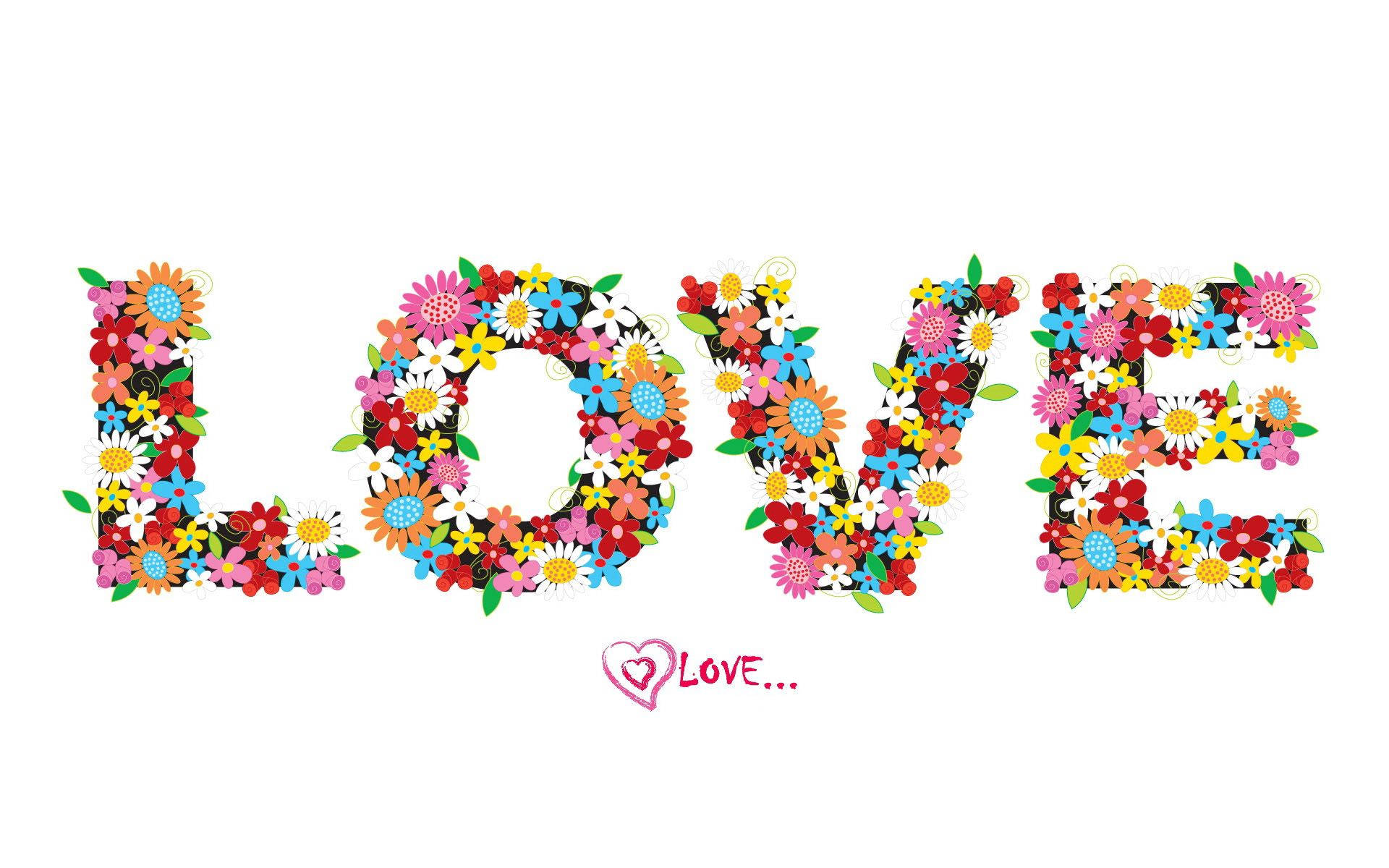 LOVE, flowers, green leaves, Full HD Desktop Wallpaper