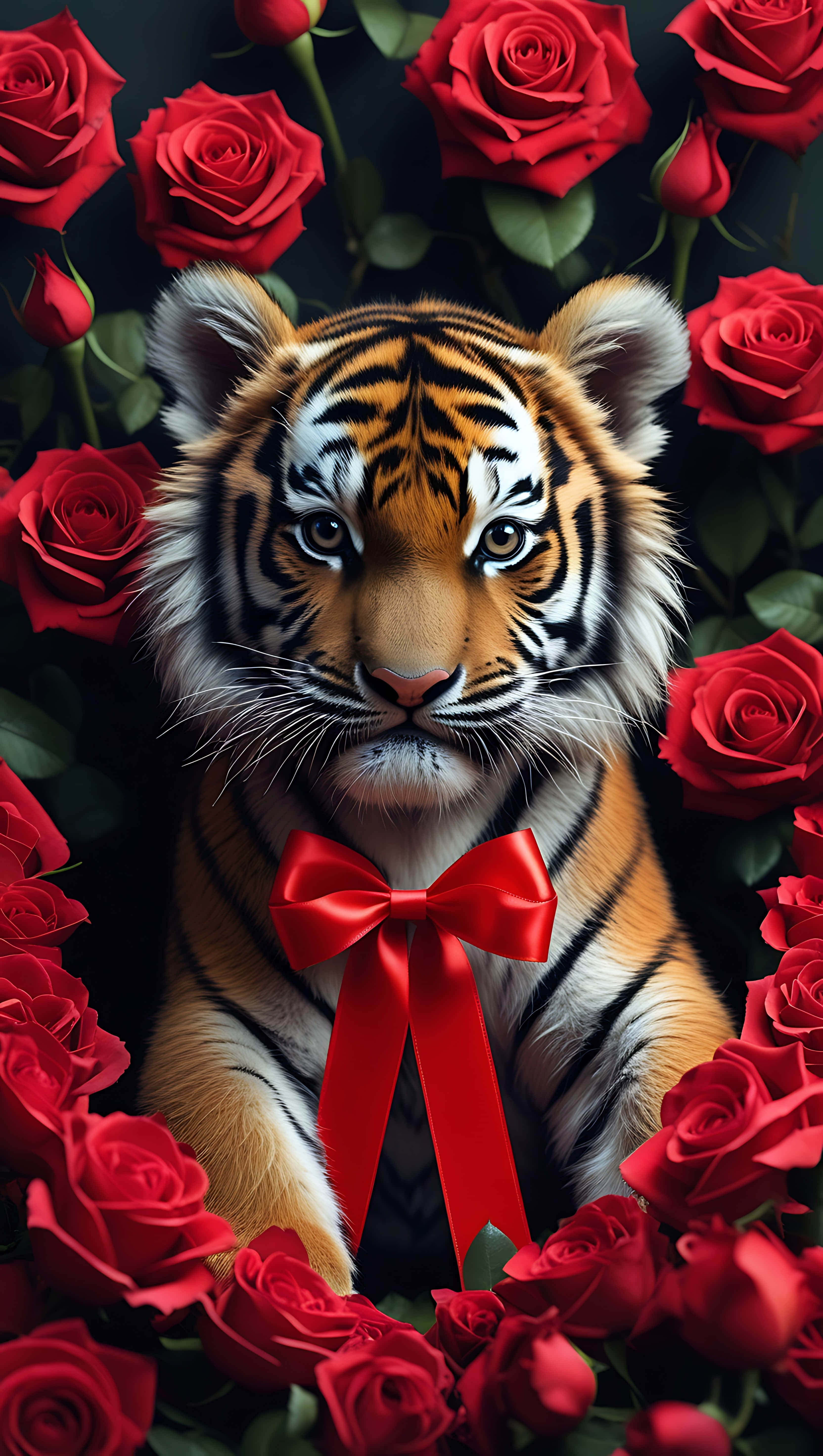 baby tiger, red ribbon, valentines, 5K Phone Wallpaper
