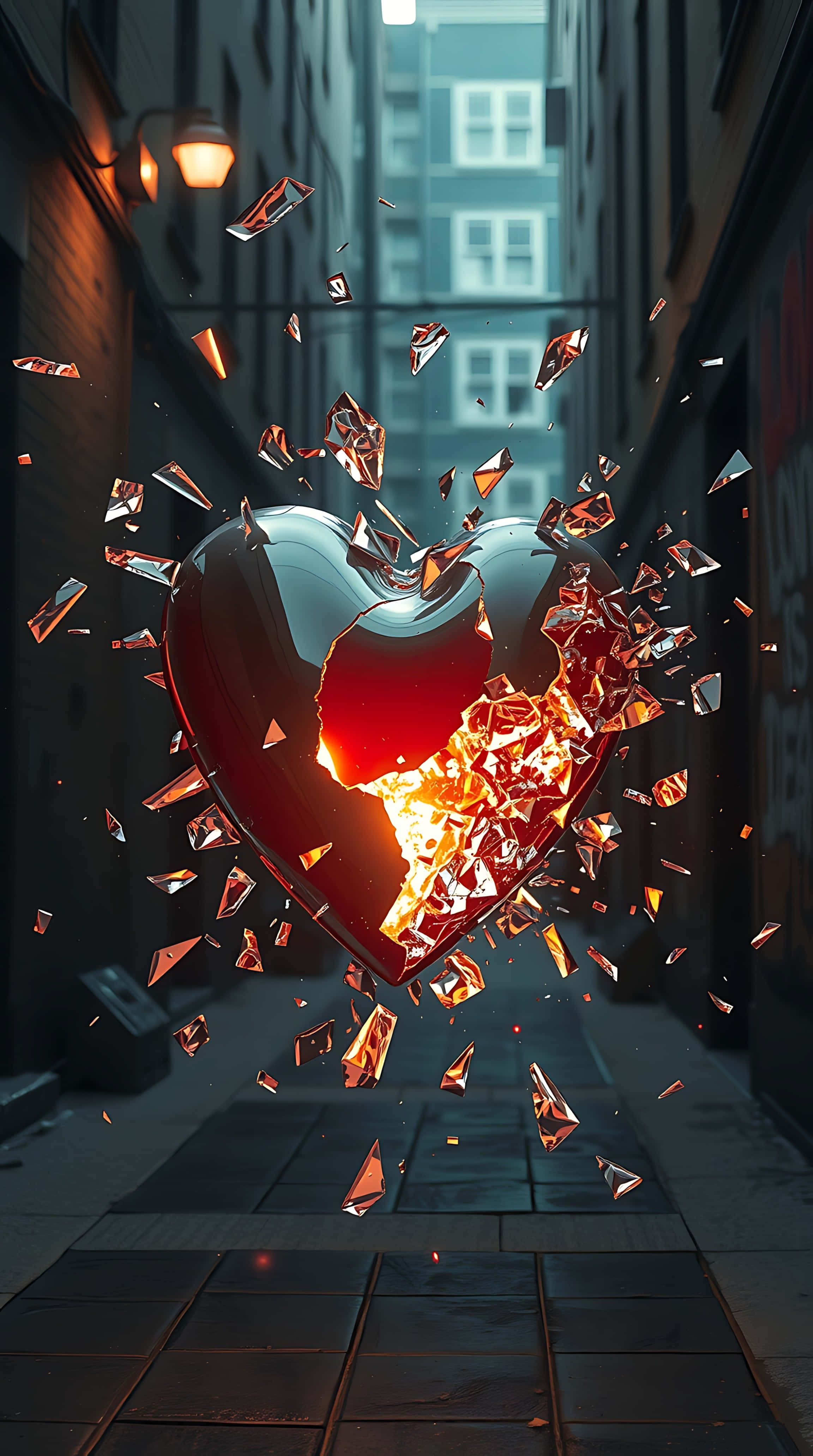 shattered chrome heart, urban breakup vibes, narrow alleyway, 4K Phone Wallpaper