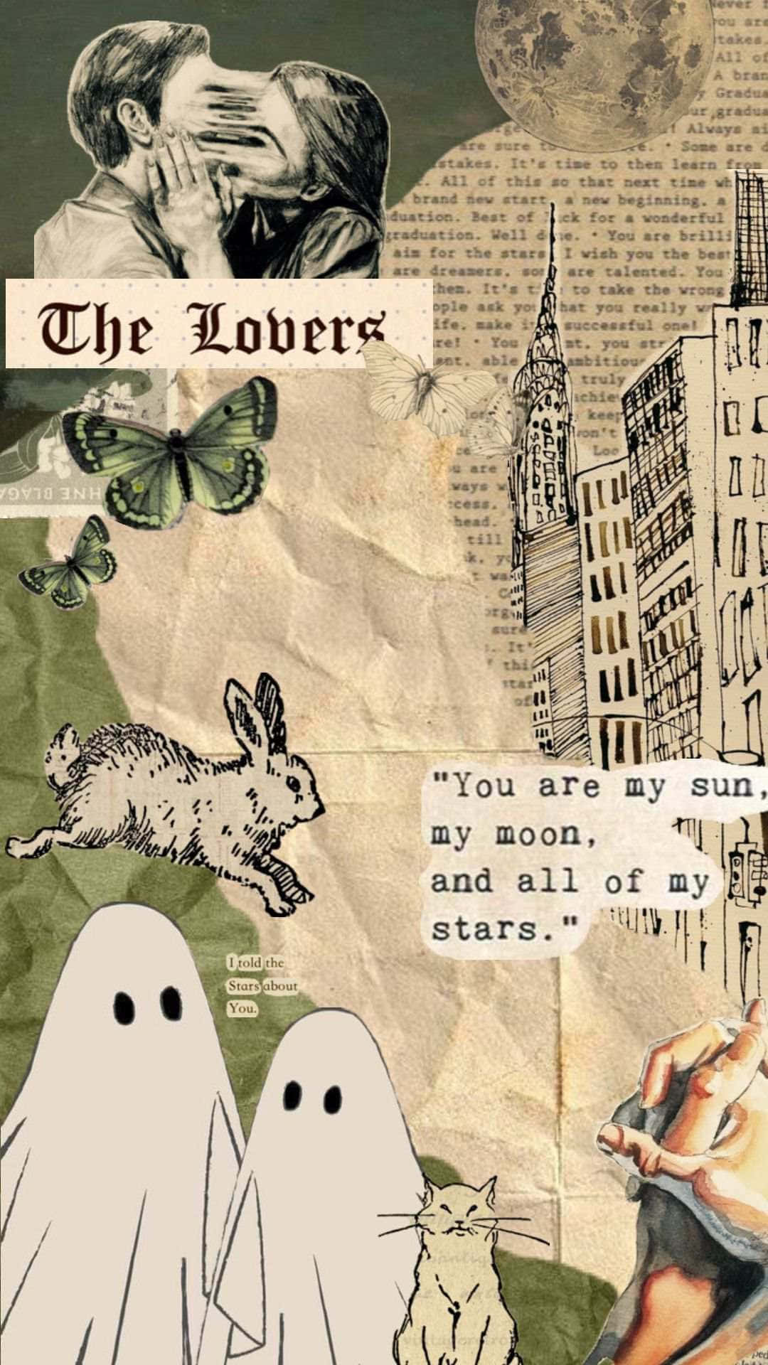 Vintage Lovecore Collage, lovers kissing, ghosts, Full HD Phone Wallpaper
