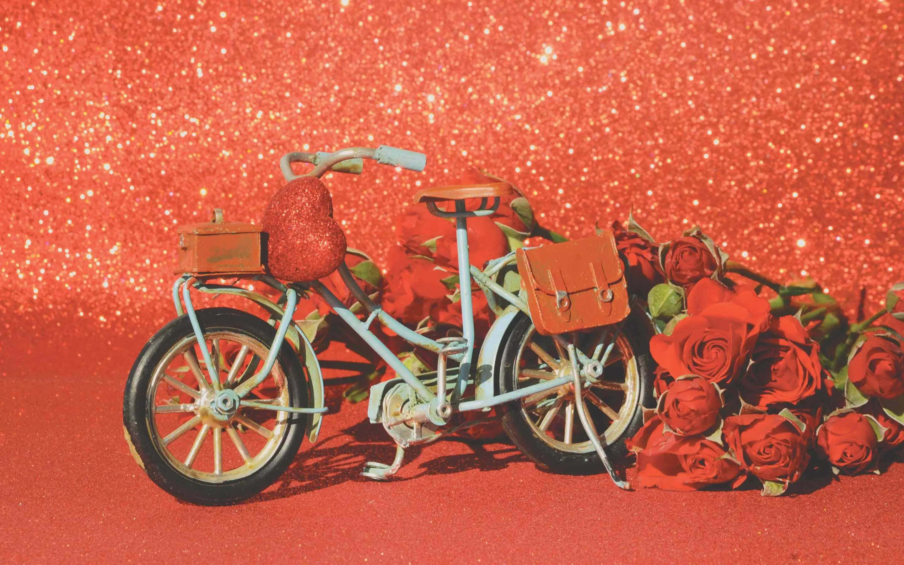 Lovecore, light blue bicycle, heart-shaped basket, 2K Desktop Wallpaper