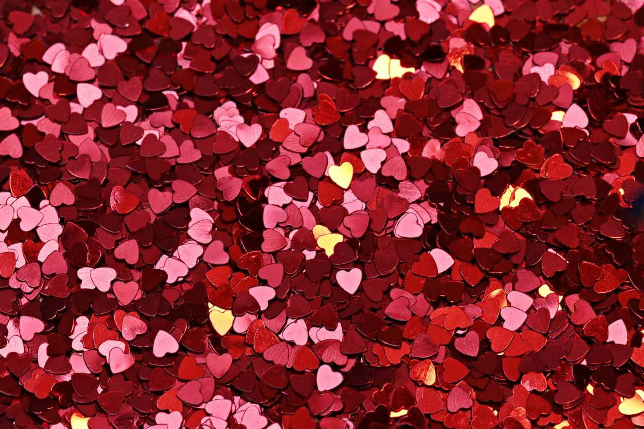 red heart confetti, shimmering red pink and yellow heart-shaped sequins, festive texture, HD Desktop Wallpaper