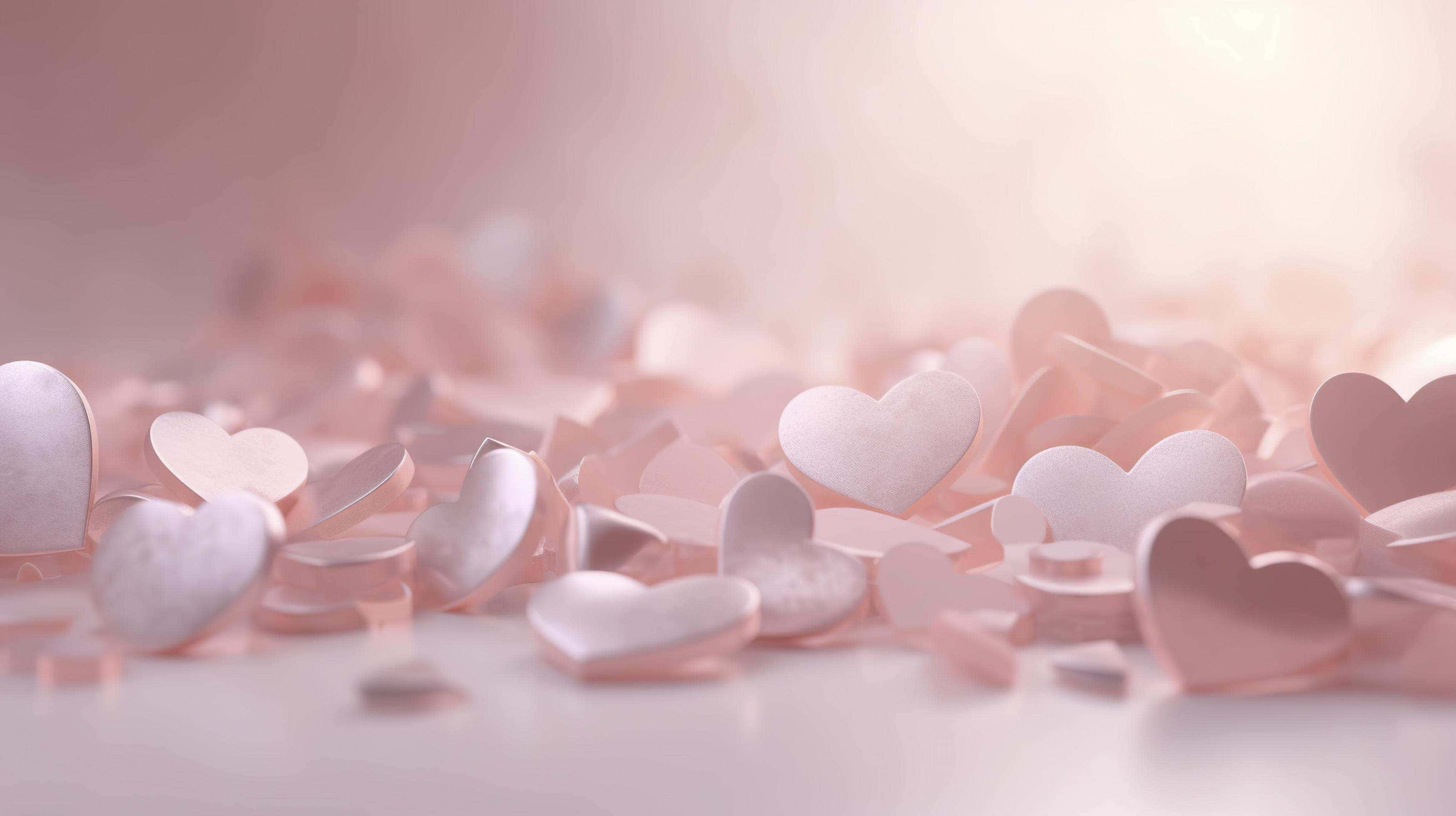 Whispering Hearts Background, soft pink metallic hearts, smooth surface, 2K Desktop Wallpaper