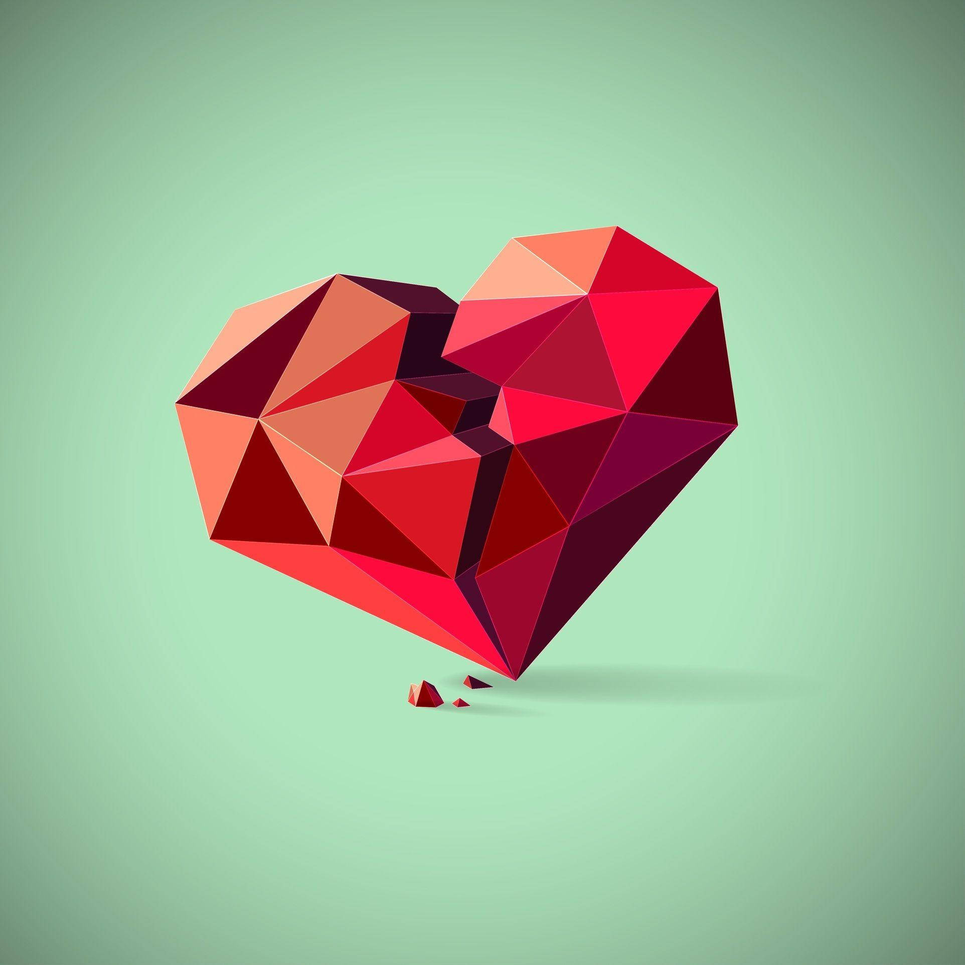 shattered geometric red heart, triangular facets, mint green background, Full HD Desktop Wallpaper
