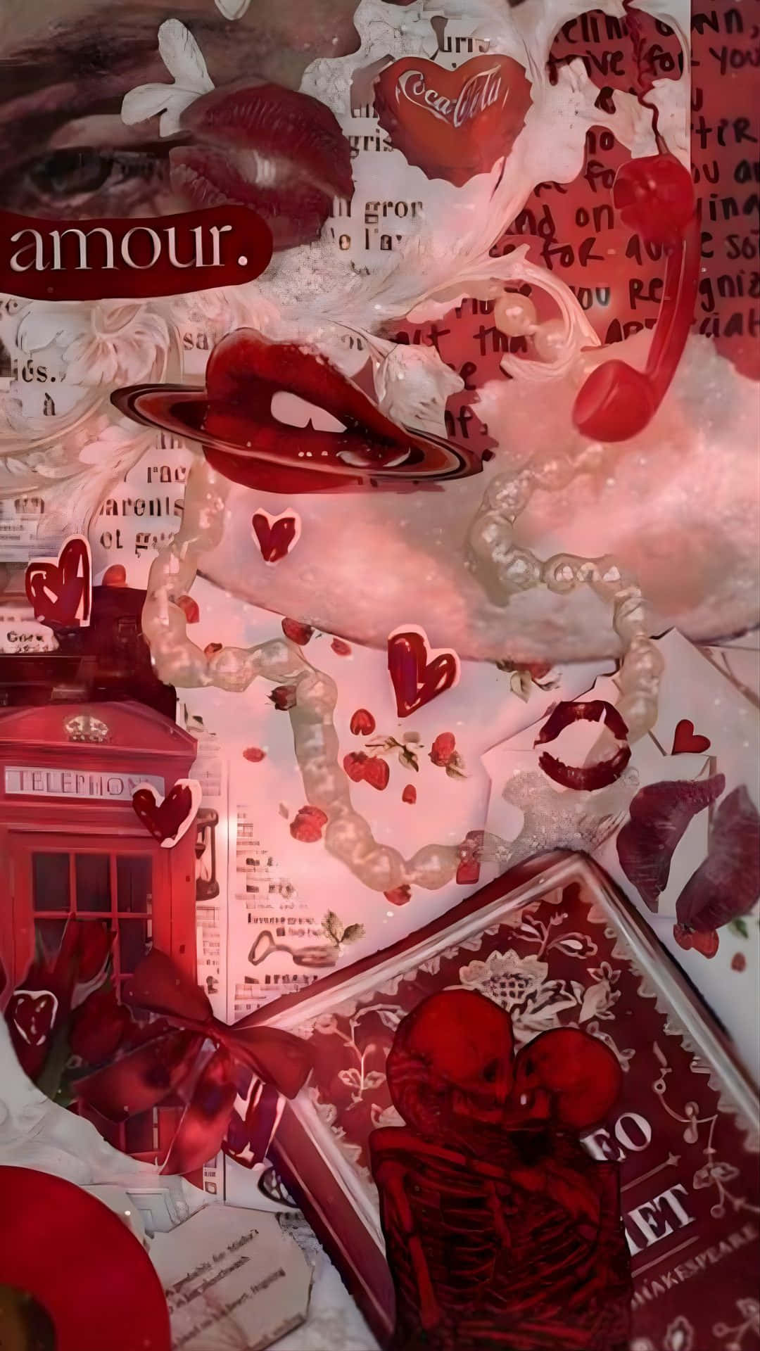 red hearts, vintage phone, red telephone booth, Full HD Phone Wallpaper