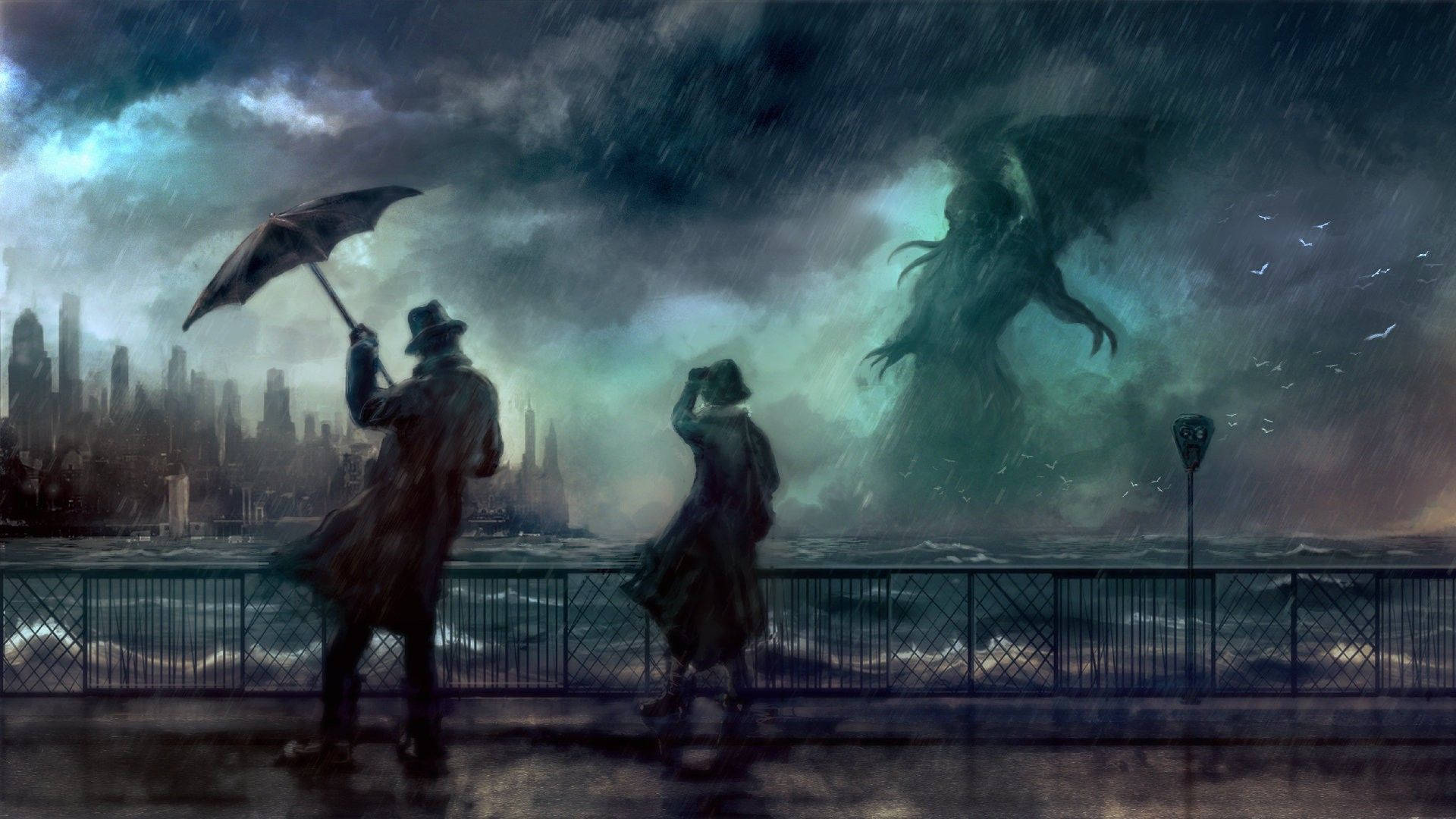 Lovecraft Watercolor, raincoats, wet pier, Full HD Desktop Wallpaper