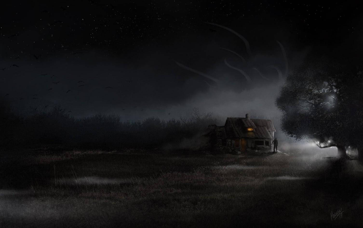 haunted house, starry night sky, eerie mist, HD Desktop Wallpaper