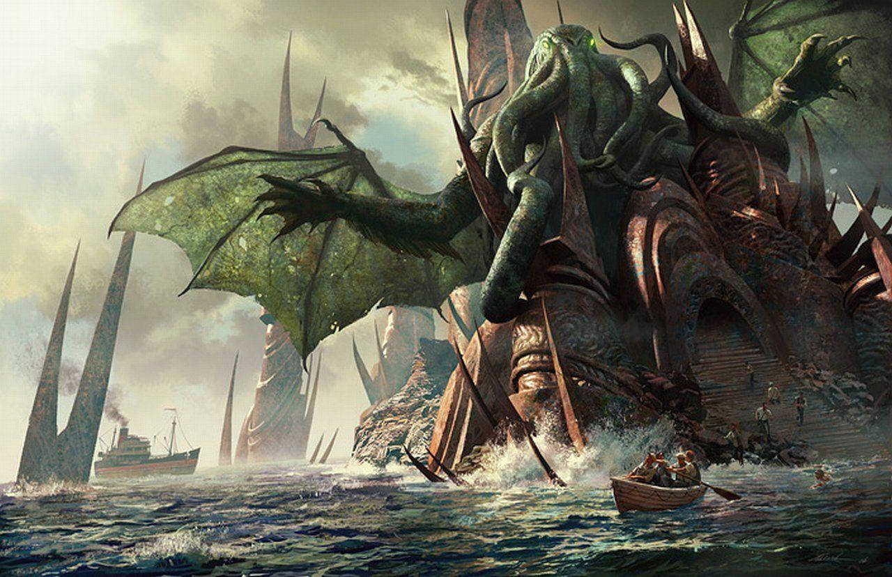 Lovecraft, green dragon, tentacles, HD Desktop Wallpaper