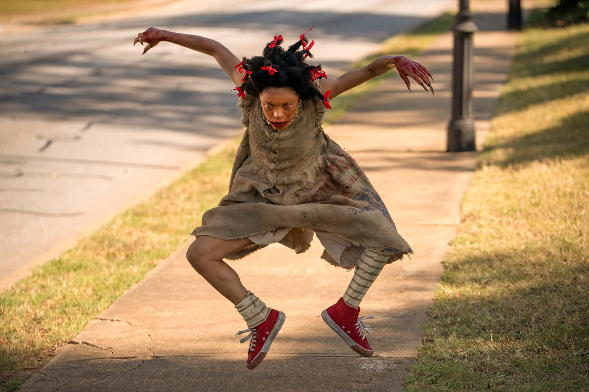 Lovecraft Country, zombie costume, red flowers in hair, Full HD Desktop Wallpaper