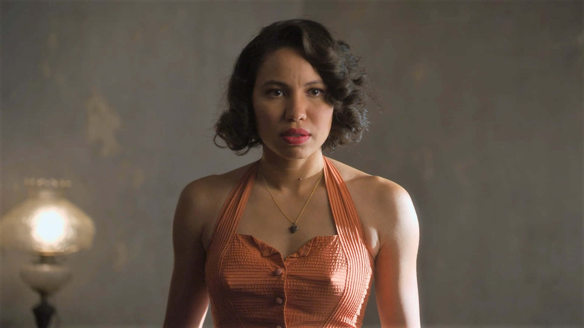 Lovecraft Country, orange halter dress, dimly lit room, Full HD Desktop Wallpaper