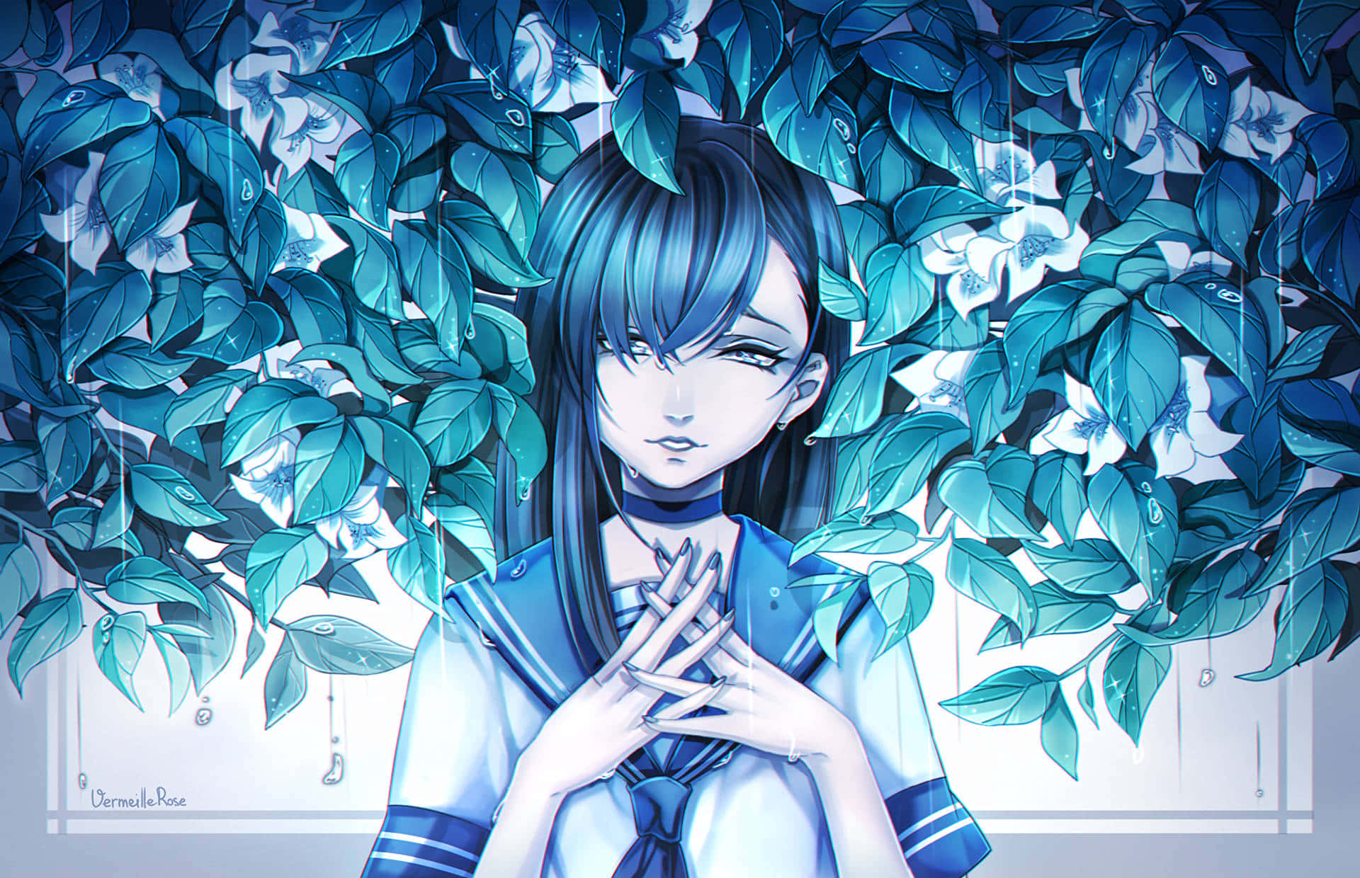 blue-haired anime girl, sailor uniform, teal foliage, Full HD Desktop Wallpaper