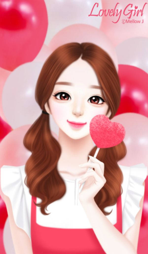 Lovely Girl, heart-shaped lollipop, pink balloons, SD Phone Wallpaper