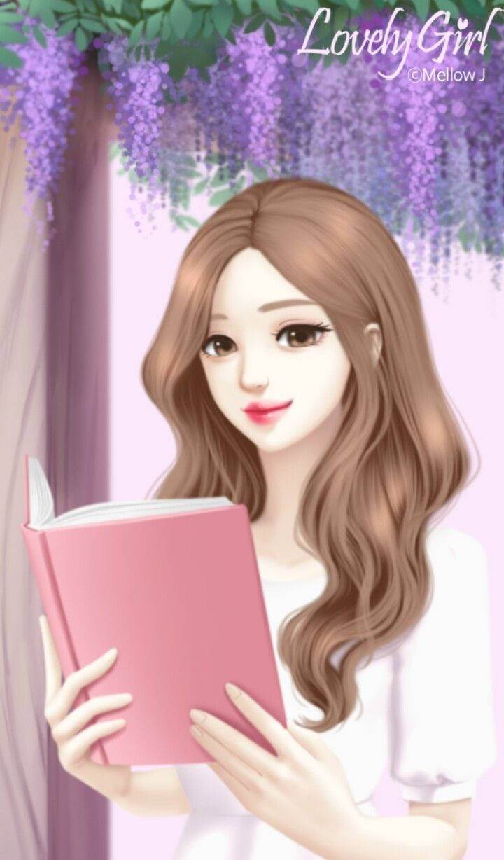 Lovely Girl, wavy brown hair, pink book, SD Phone Wallpaper