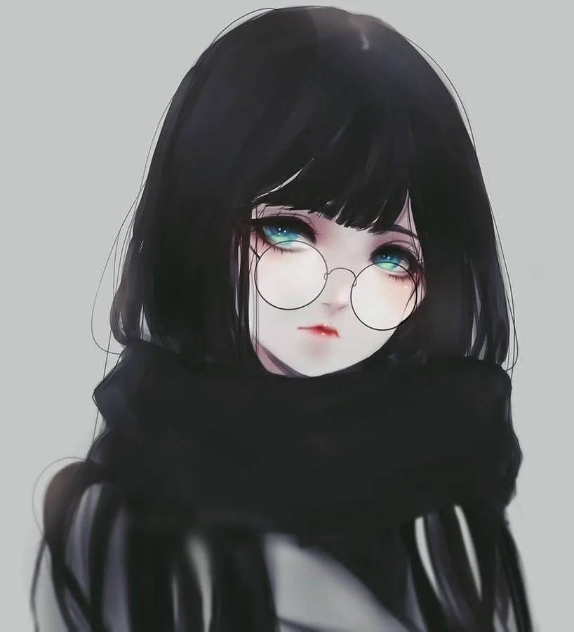 Aesthetic Kawaii Anime Girl Emo, black hair, round glasses, SD Phone Wallpaper