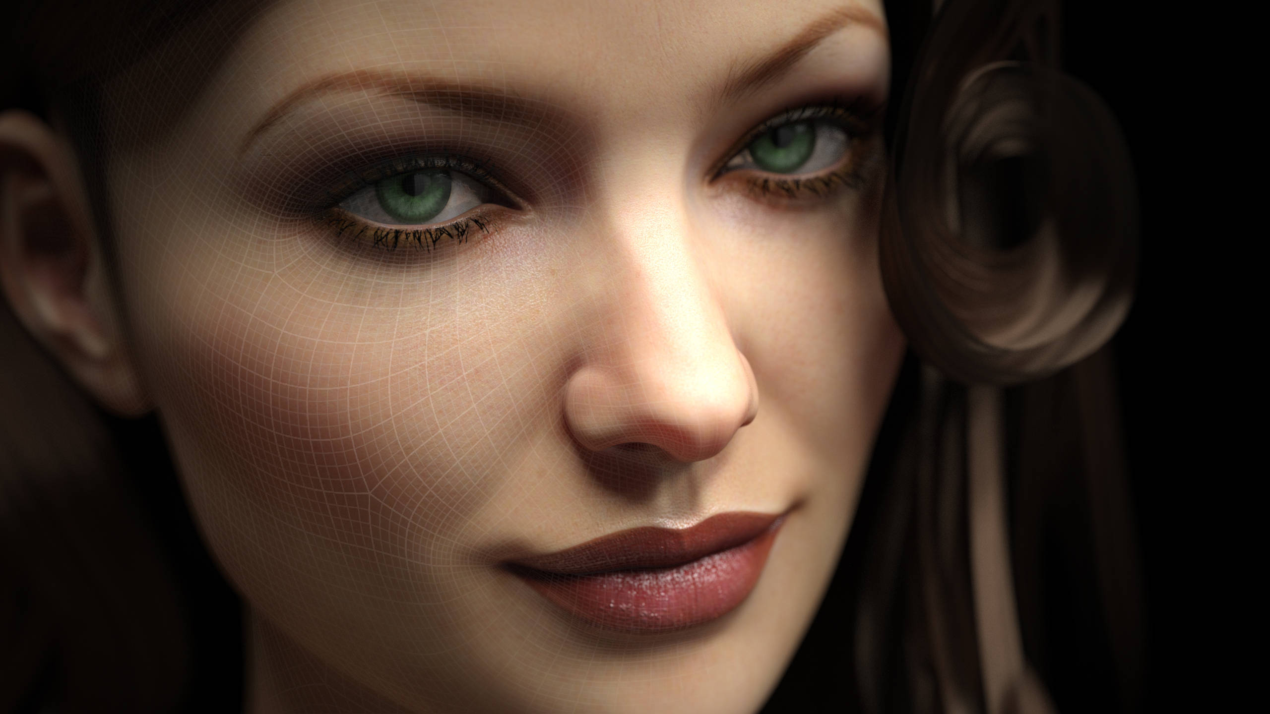 CGI, green eyes, wireframe overlay, 2K Desktop Wallpaper