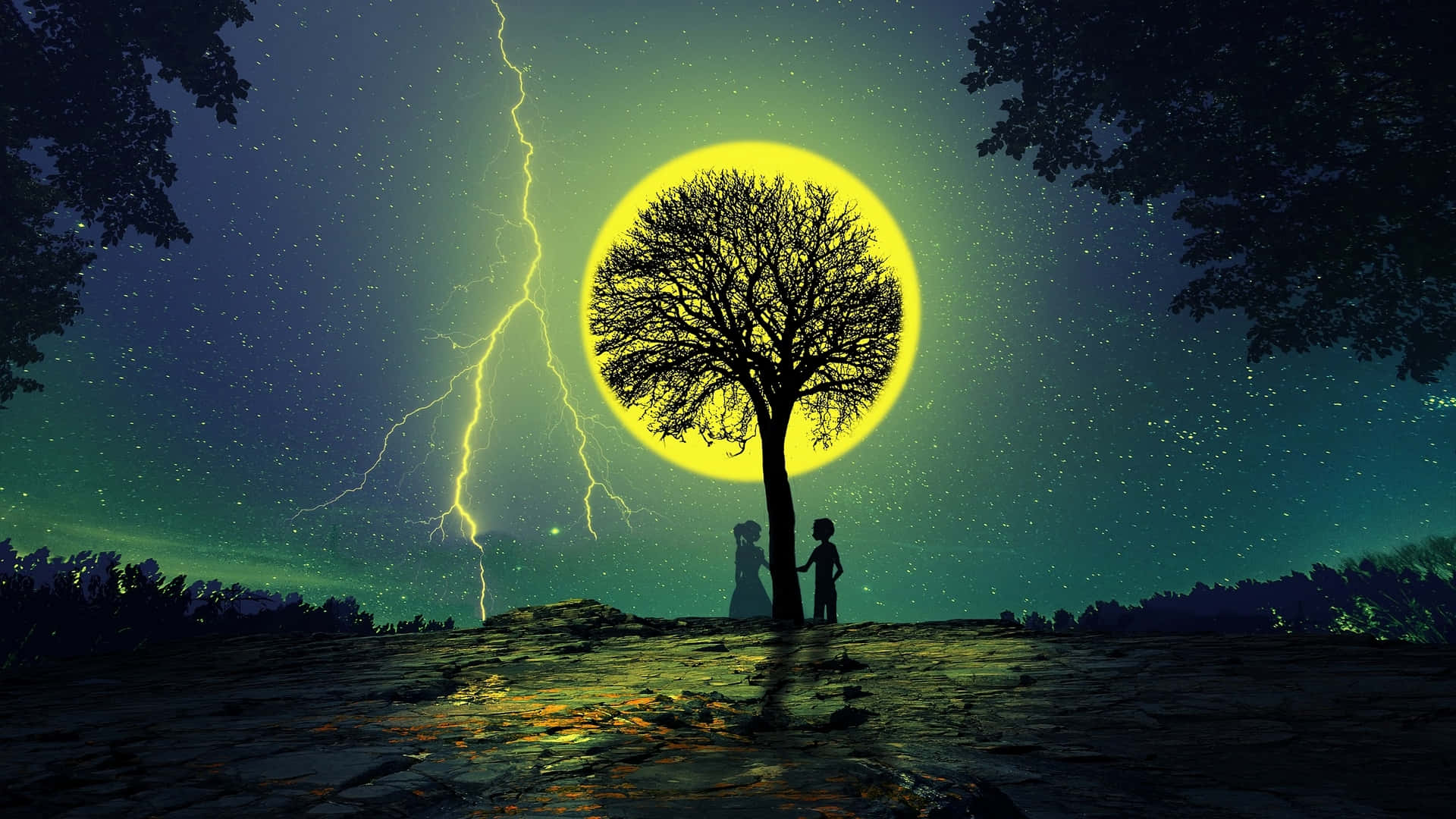 Lovely Couple Lightning Art, glowing yellow moon, crackling lightning, Full HD Desktop Wallpaper