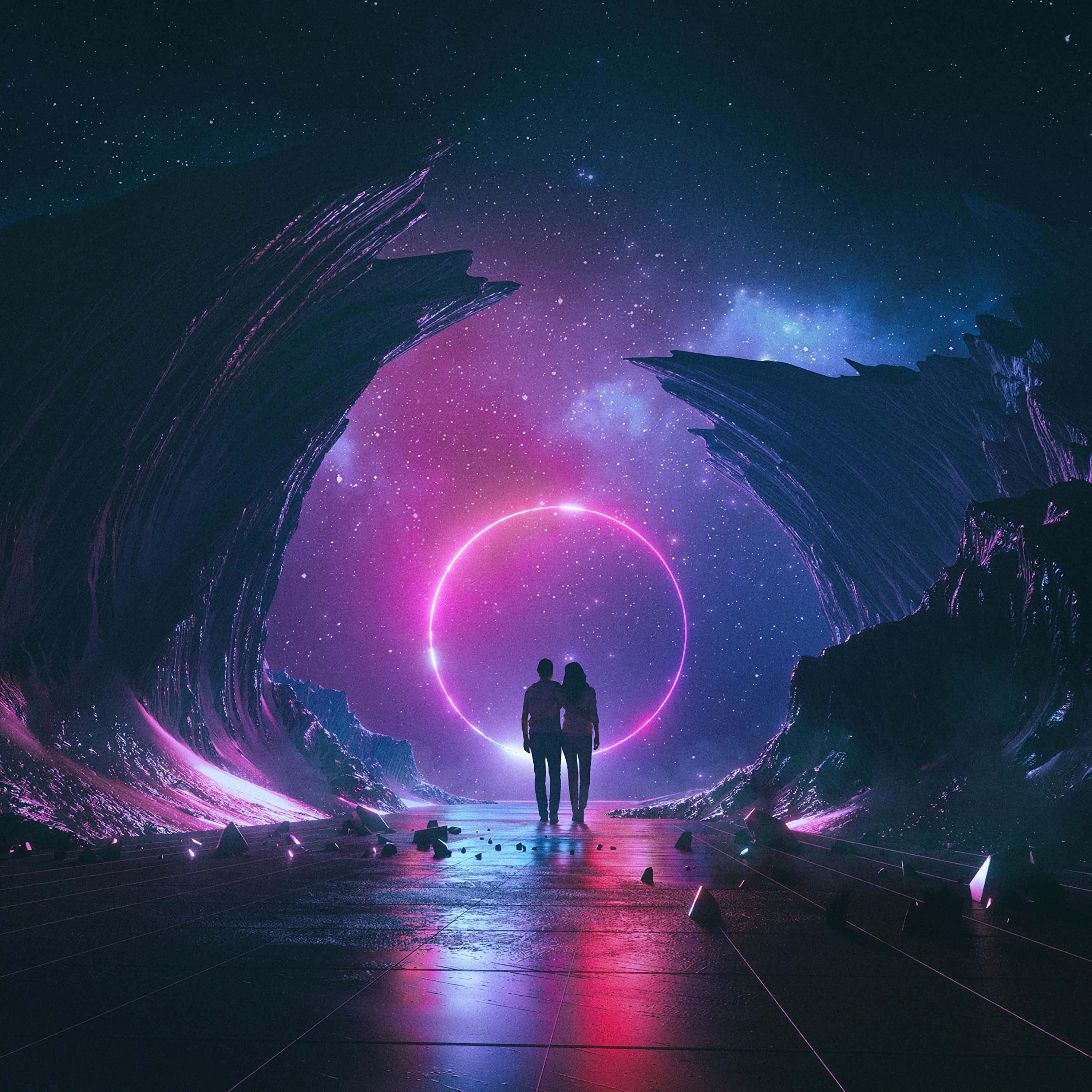 Lovely Couple Standing Art, glowing pink ring portal, cosmic tunnel, 2K Desktop Wallpaper