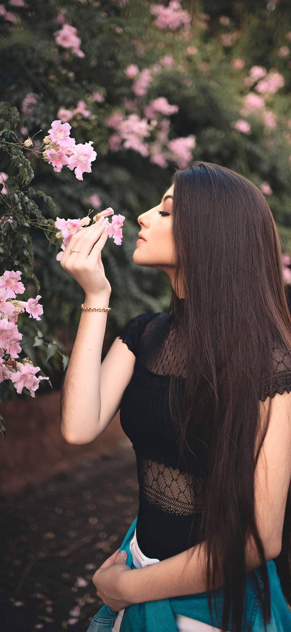Lovely Girl In The Garden, garden, pink blossoms, Full HD Phone Wallpaper