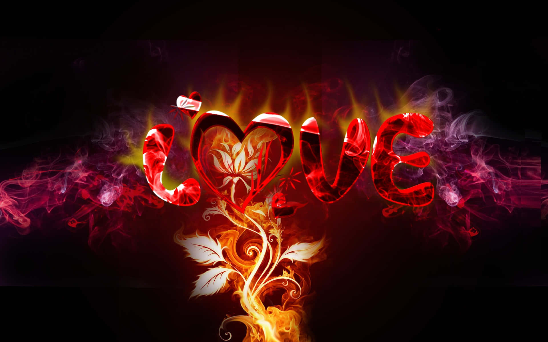 Lovely Heart, fiery red letters, heart-shaped O, Full HD Desktop Wallpaper