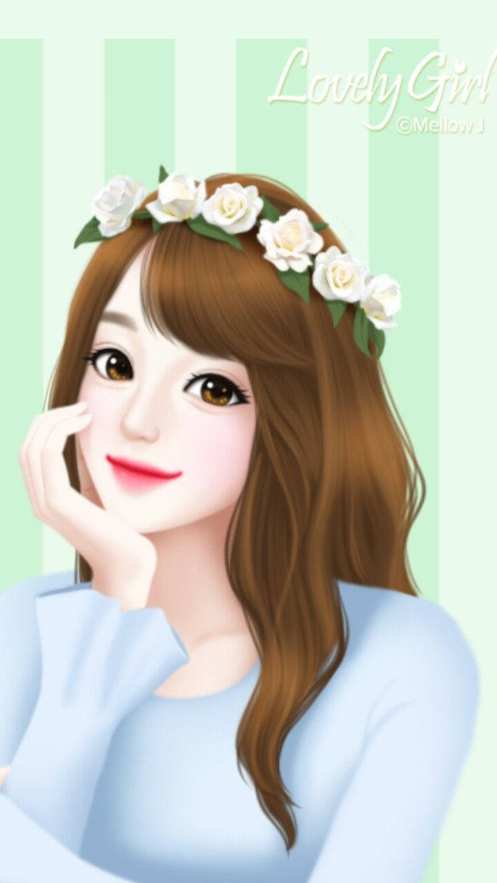 white flower crown, brown hair, mint green striped background, HD Phone Wallpaper