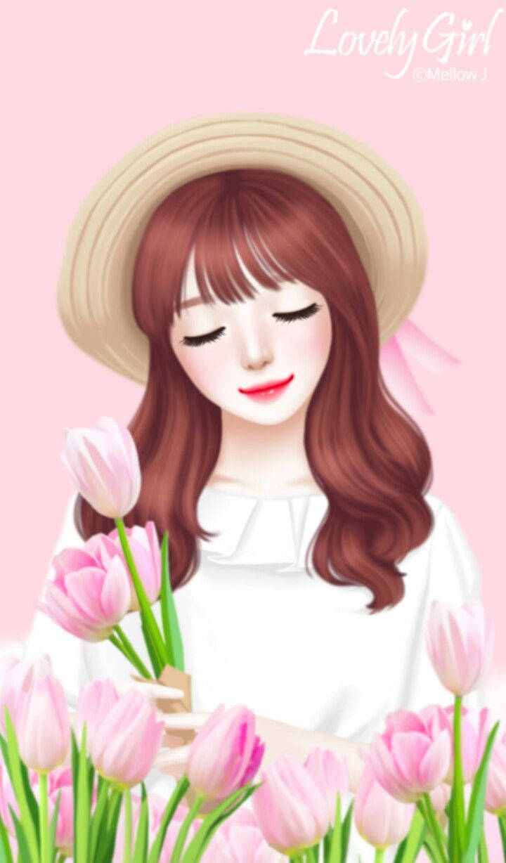 Lovely Girl Holding Pink Tulips, pink tulips, straw hat, SD Phone Wallpaper