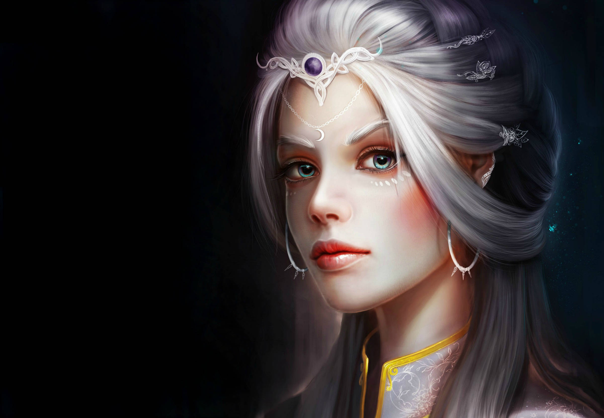 platinum hair, glowing blue eyes, ornate headpiece, Full HD Desktop Wallpaper