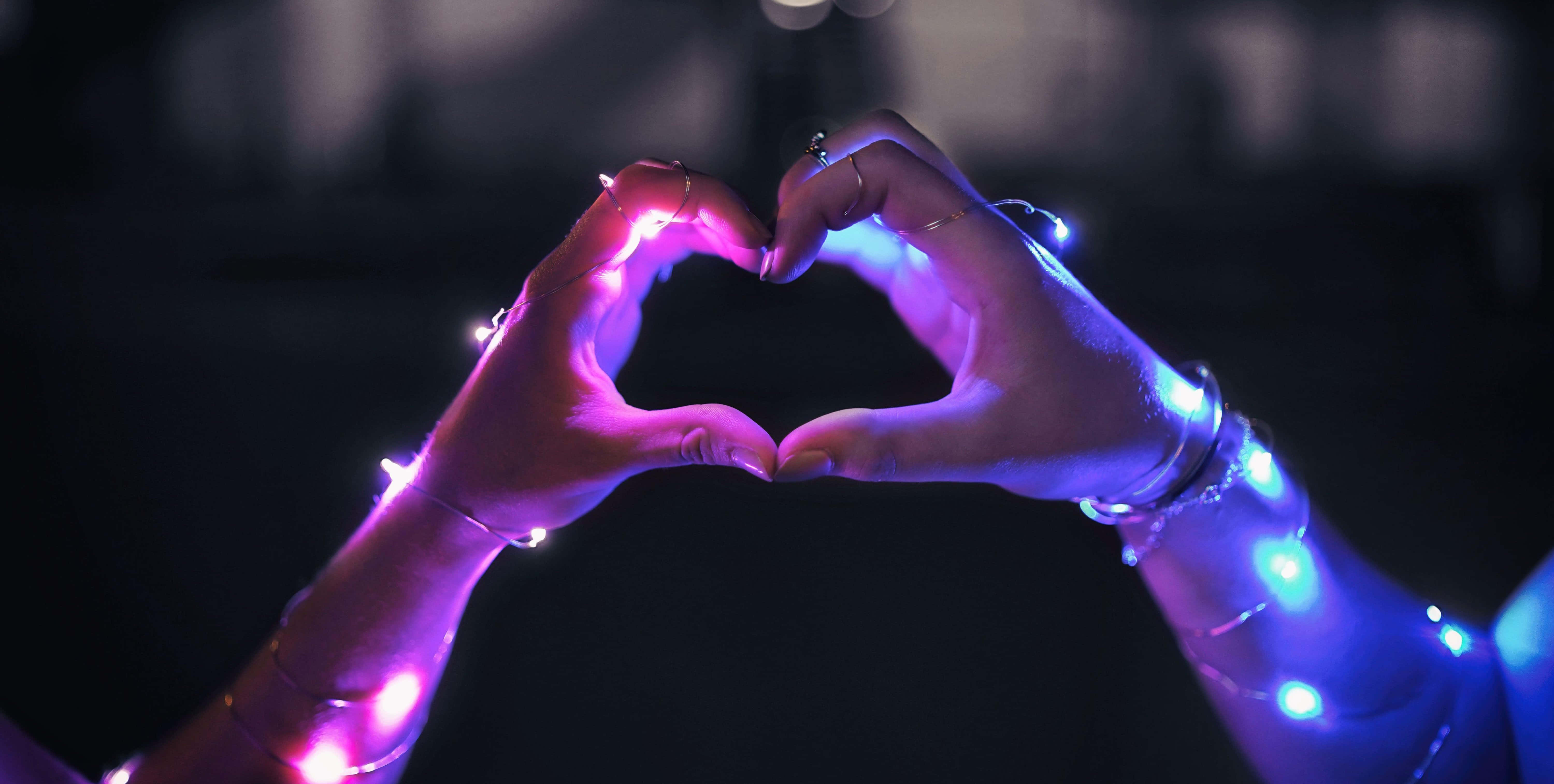 Lovely, glowing heart, purple and blue string lights, 5K Desktop Wallpaper