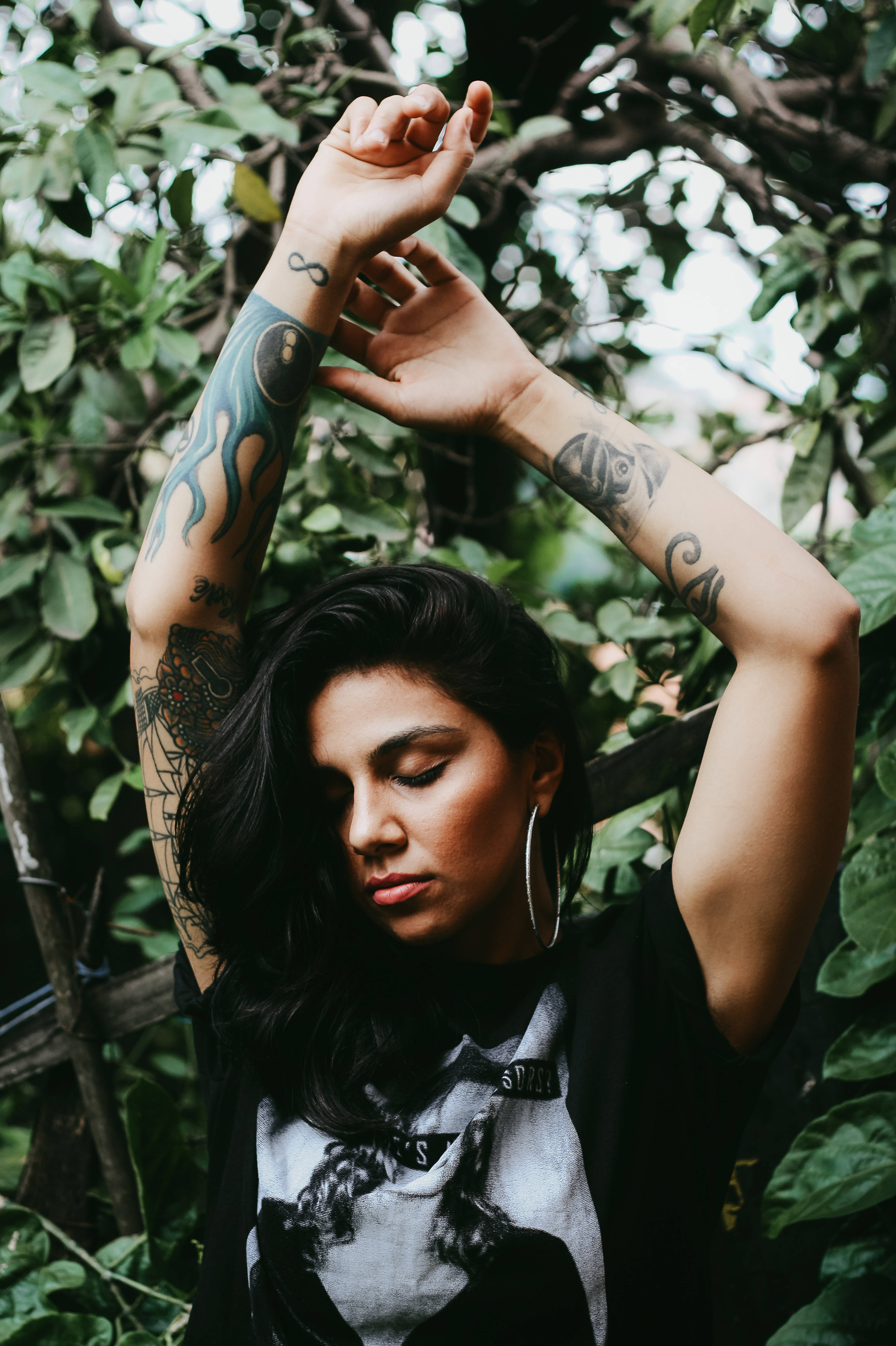 Lovely Girl With Tattoos, dark hair, tattooed arms, 5K Phone Wallpaper