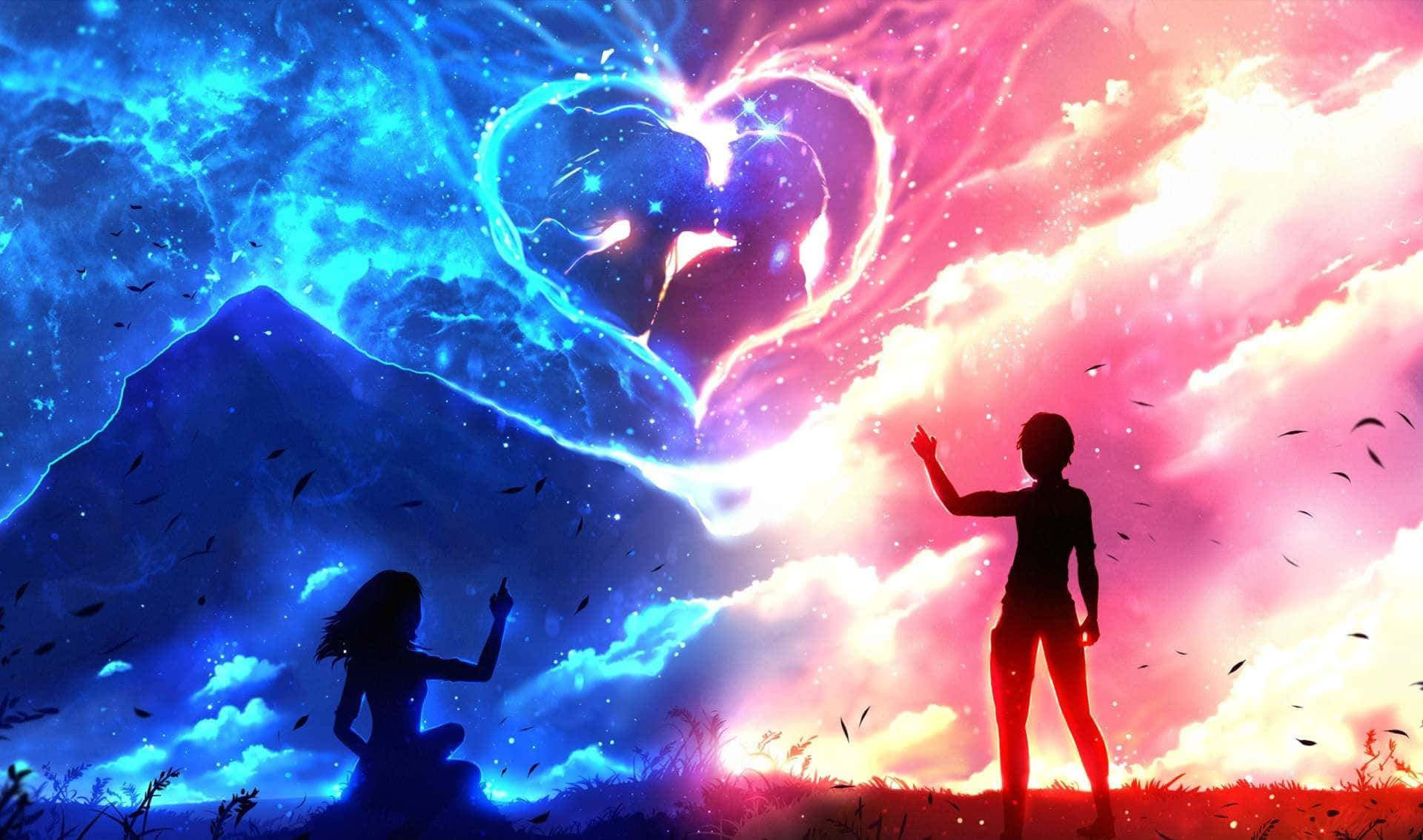 Lovely Couple Separated, glowing heart-shaped cosmic storm, split blue and pink sky, Full HD Desktop Wallpaper