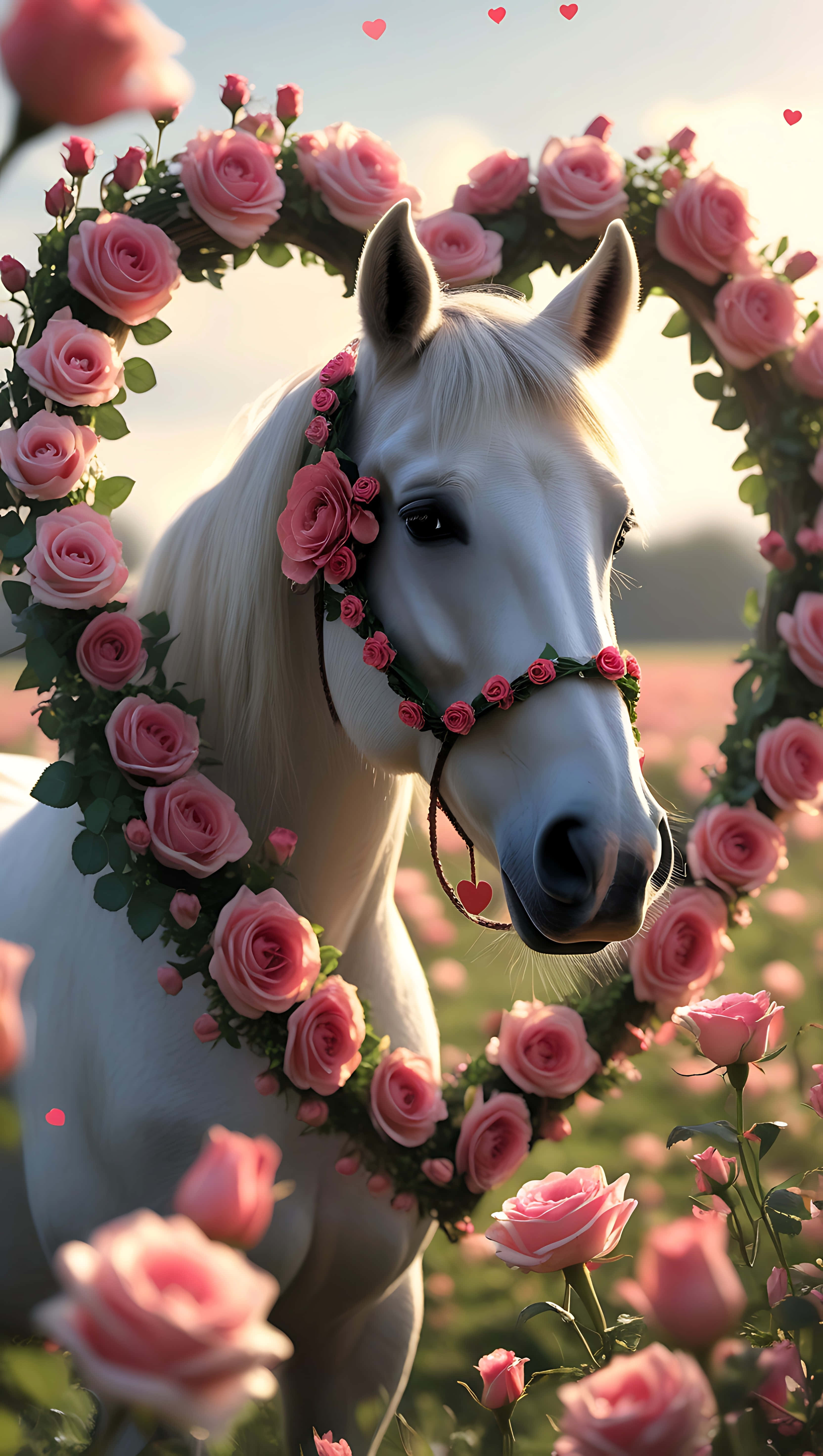 white horse, pink rose wreath, heart-shaped floral arch, 5K Phone Wallpaper