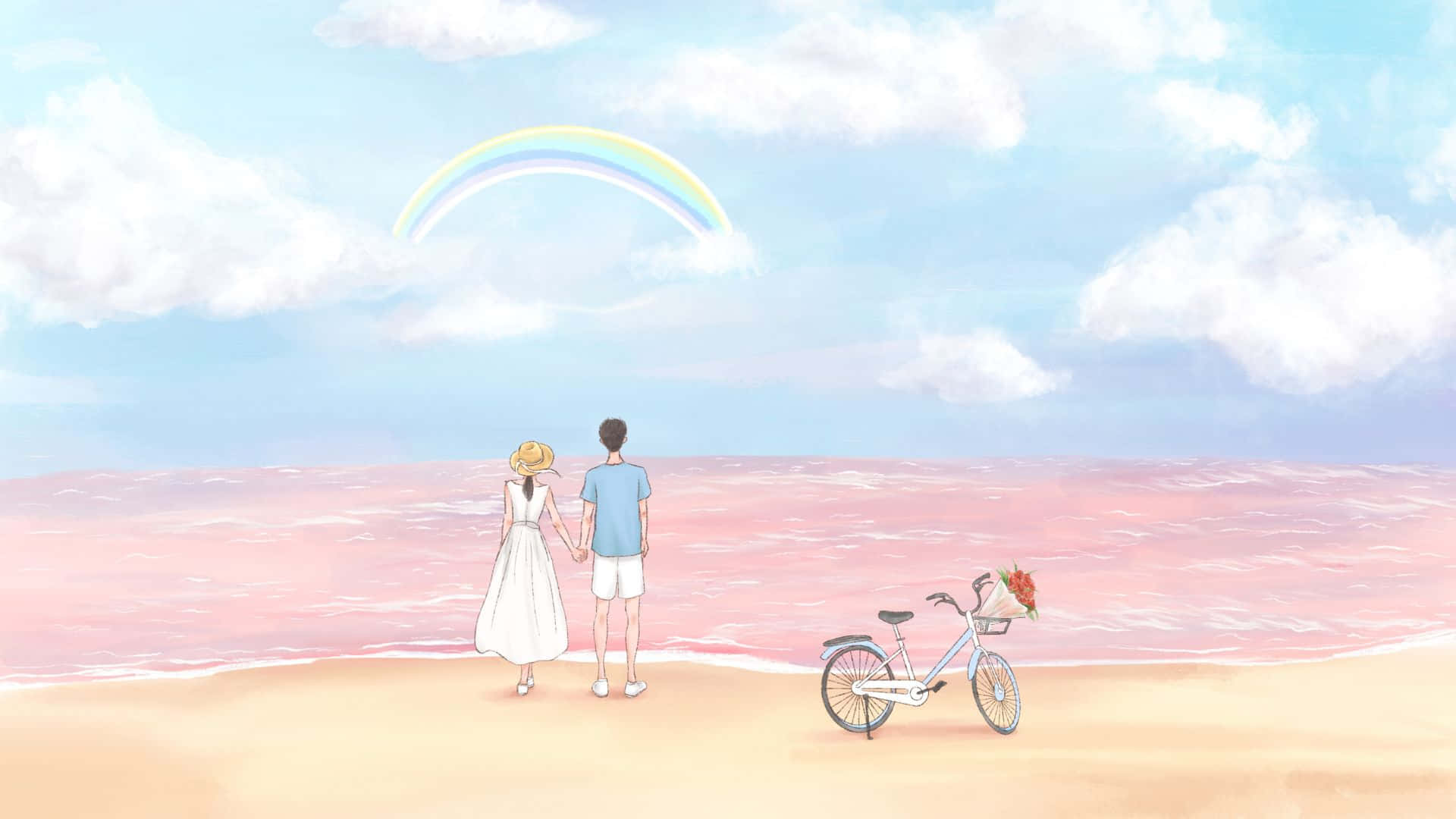 Lovers In Pink Beach, pink-hued beach, rainbow, Full HD Desktop Wallpaper