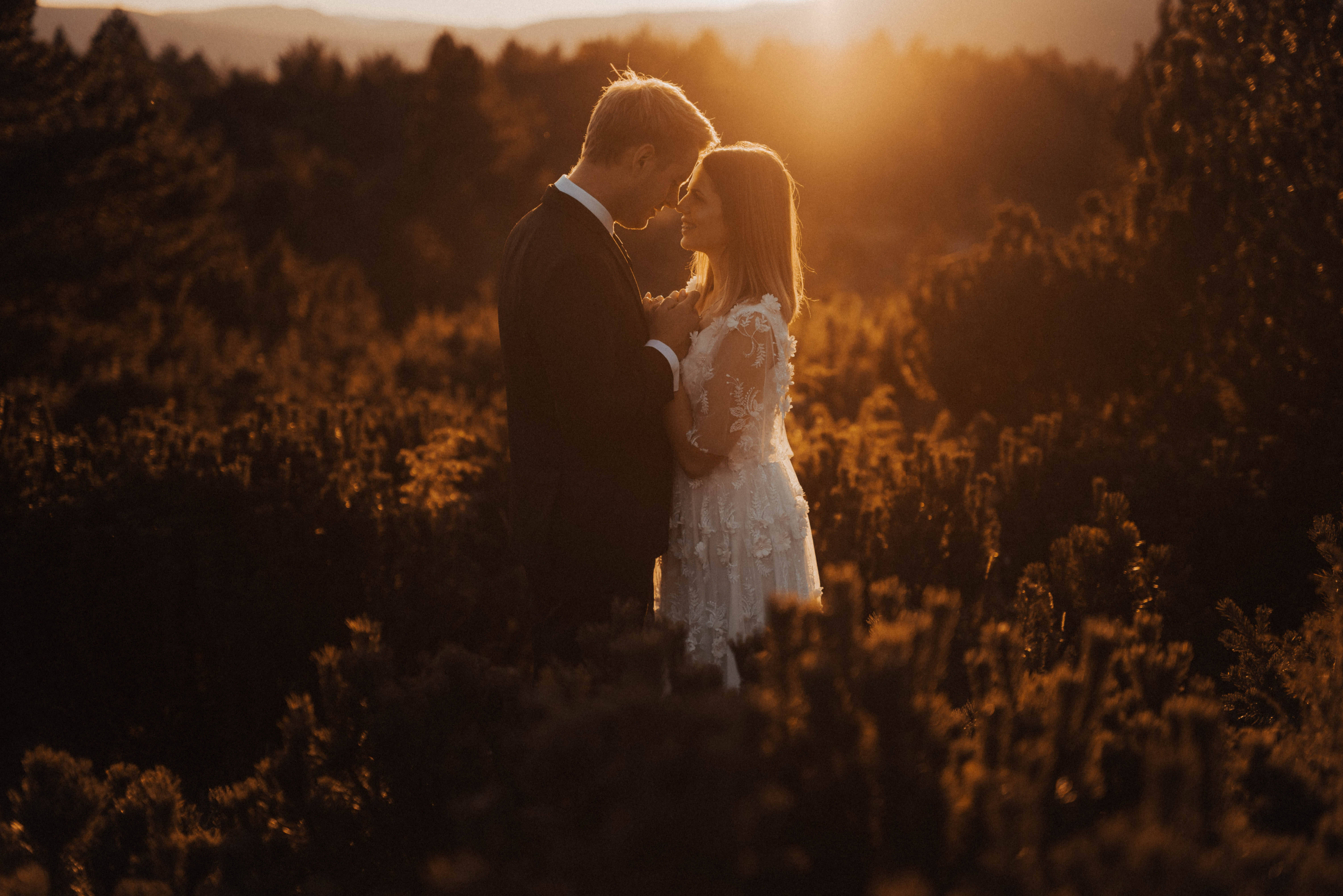 Lovers Kiss Sunset, wedding attire, sunlit field, 5K Desktop Wallpaper