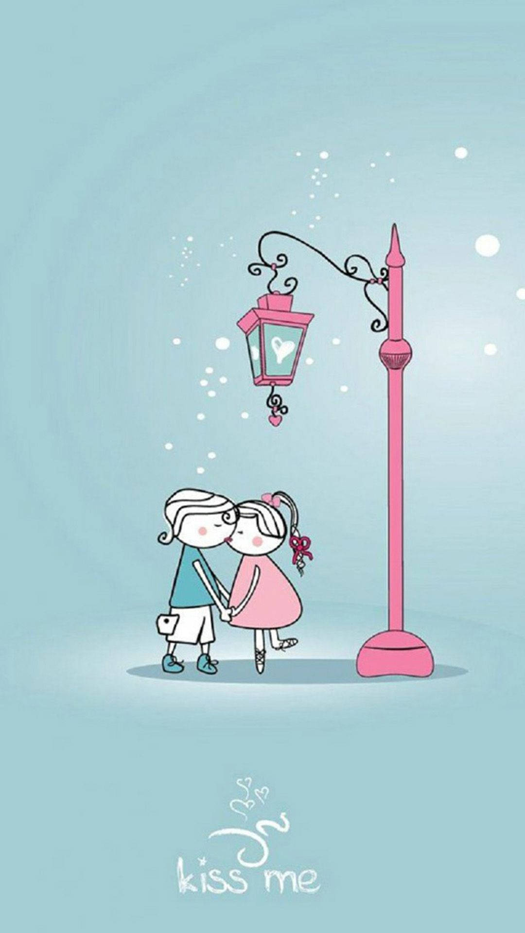pink streetlamp, floating hearts, soft blue background, Full HD Phone Wallpaper