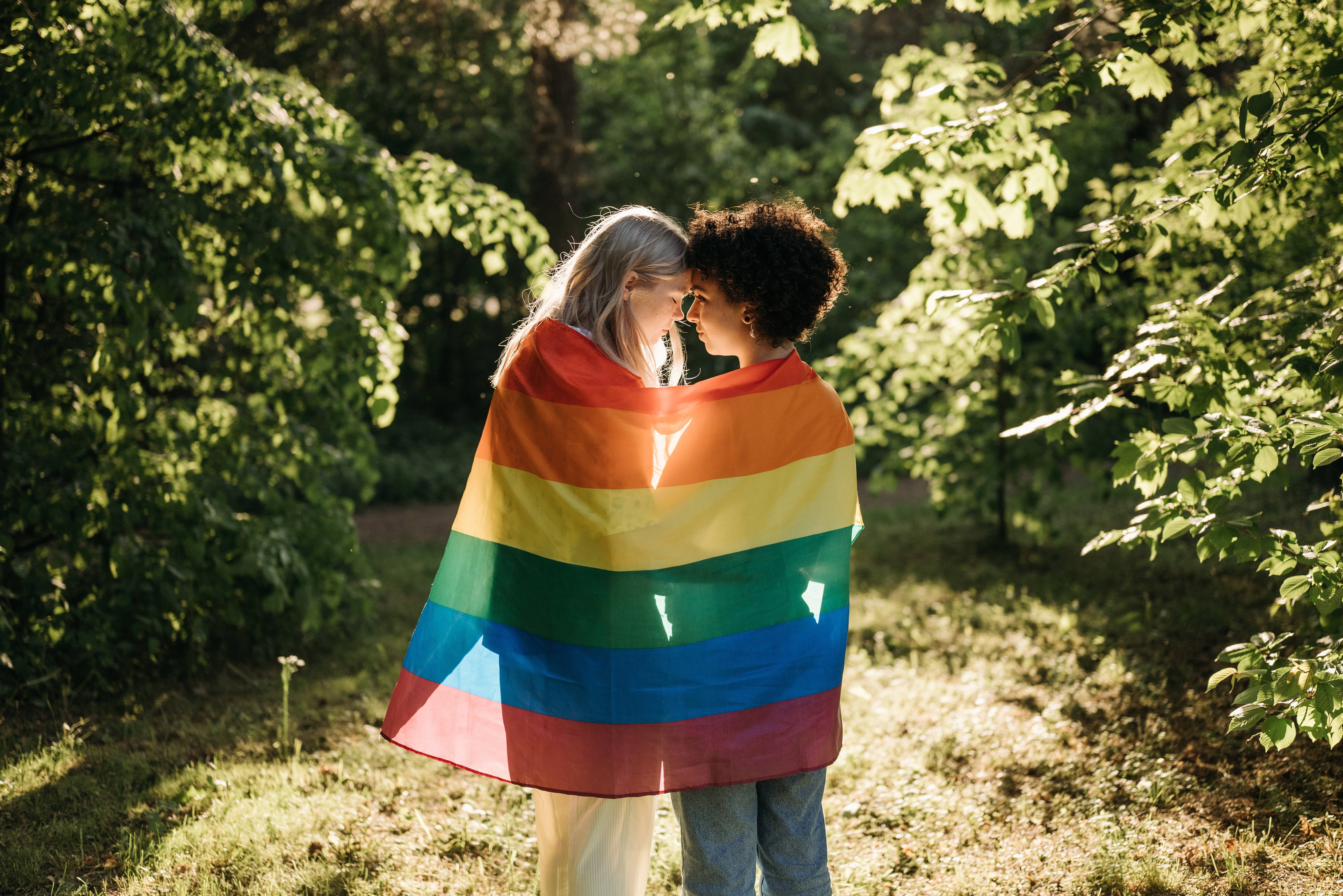 Lovers, rainbow flag, dappled sunlight, 5K Desktop Wallpaper