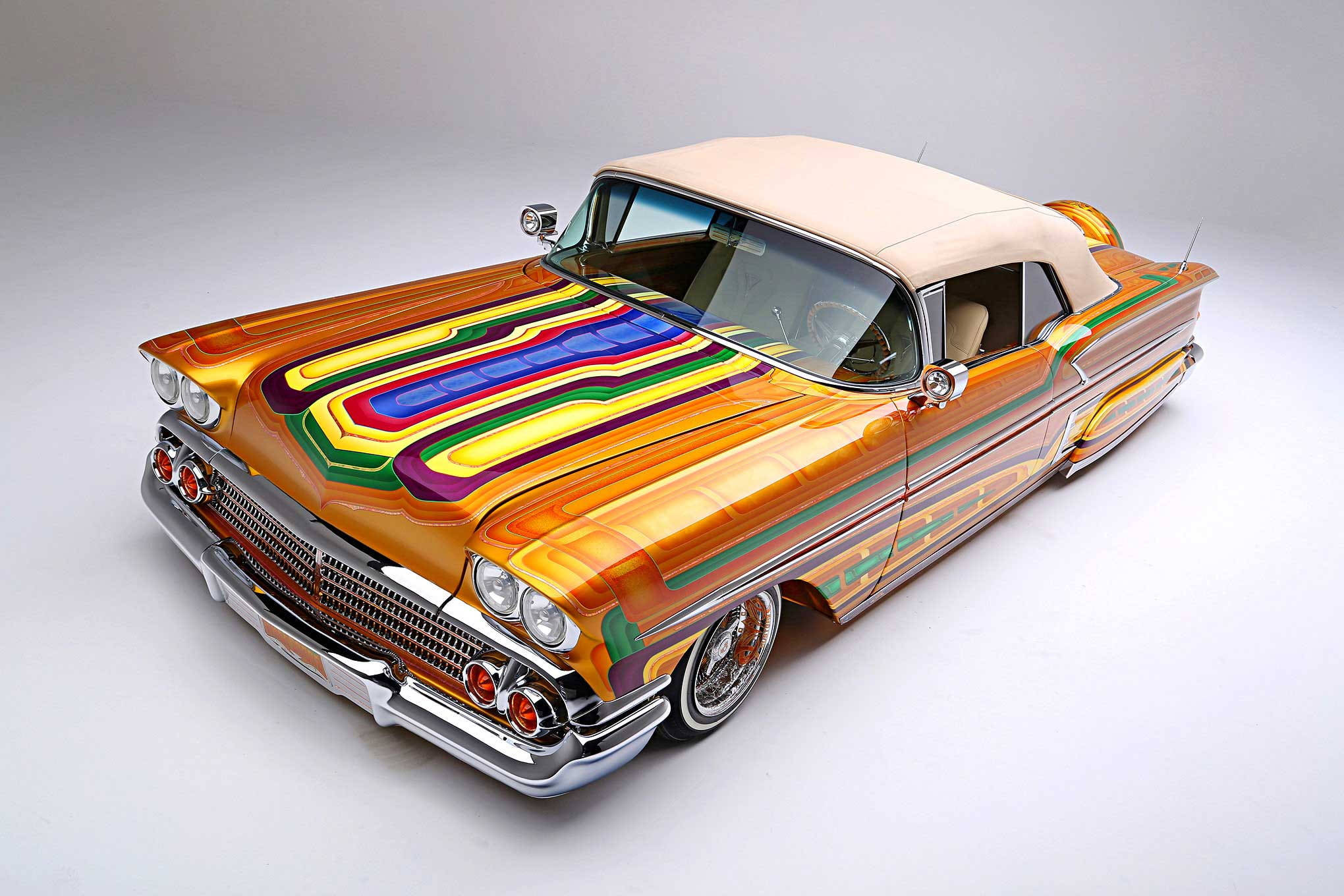 lowrider, colorful brown impala, vibrant rainbow stripes, Full HD Desktop Wallpaper