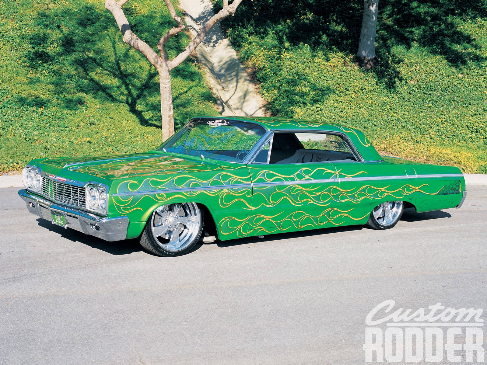 Lowrider, green Impala, yellow flame decals, HD Desktop Wallpaper