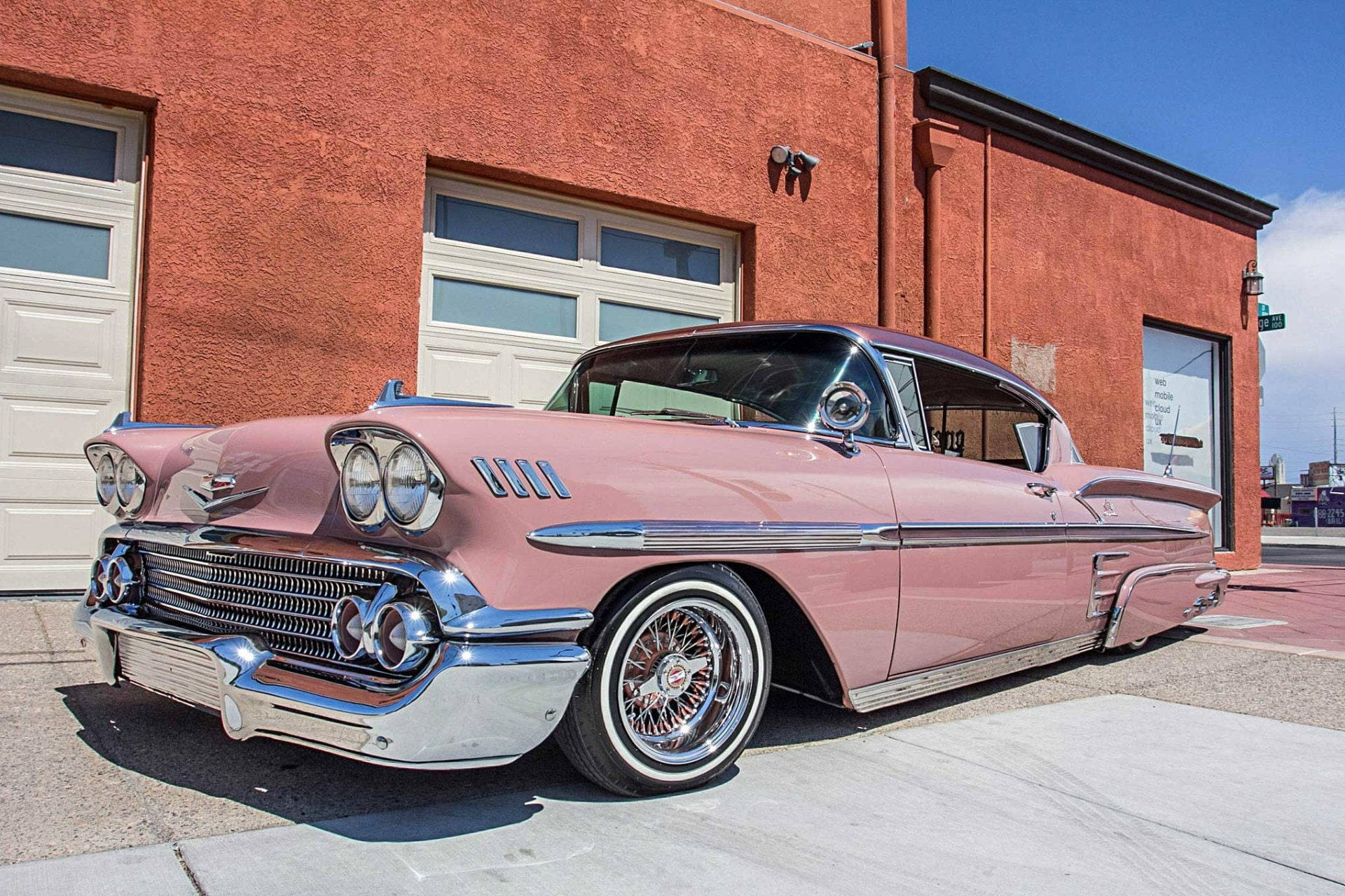 1958 Impala, pink Cadillac, chrome details, Full HD Desktop Wallpaper