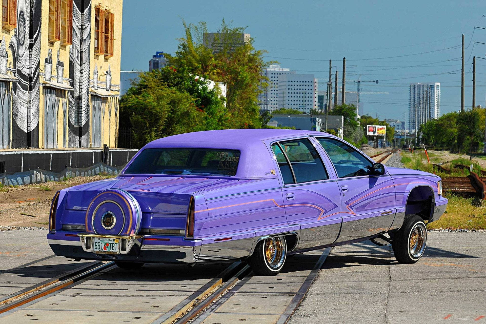Lowrider, purple cadillac fleetwood, gold rims, Full HD Desktop Wallpaper