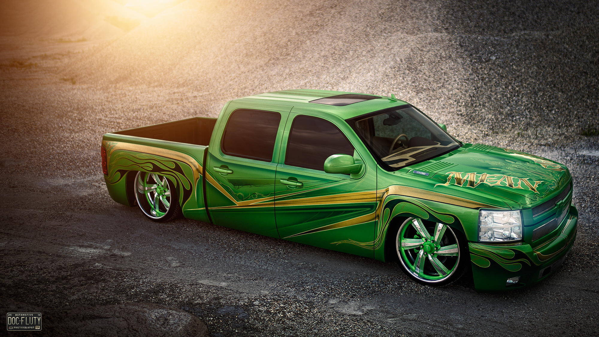 Lowrider, green Chevrolet Silverado, gold flame decals, Full HD Desktop Wallpaper