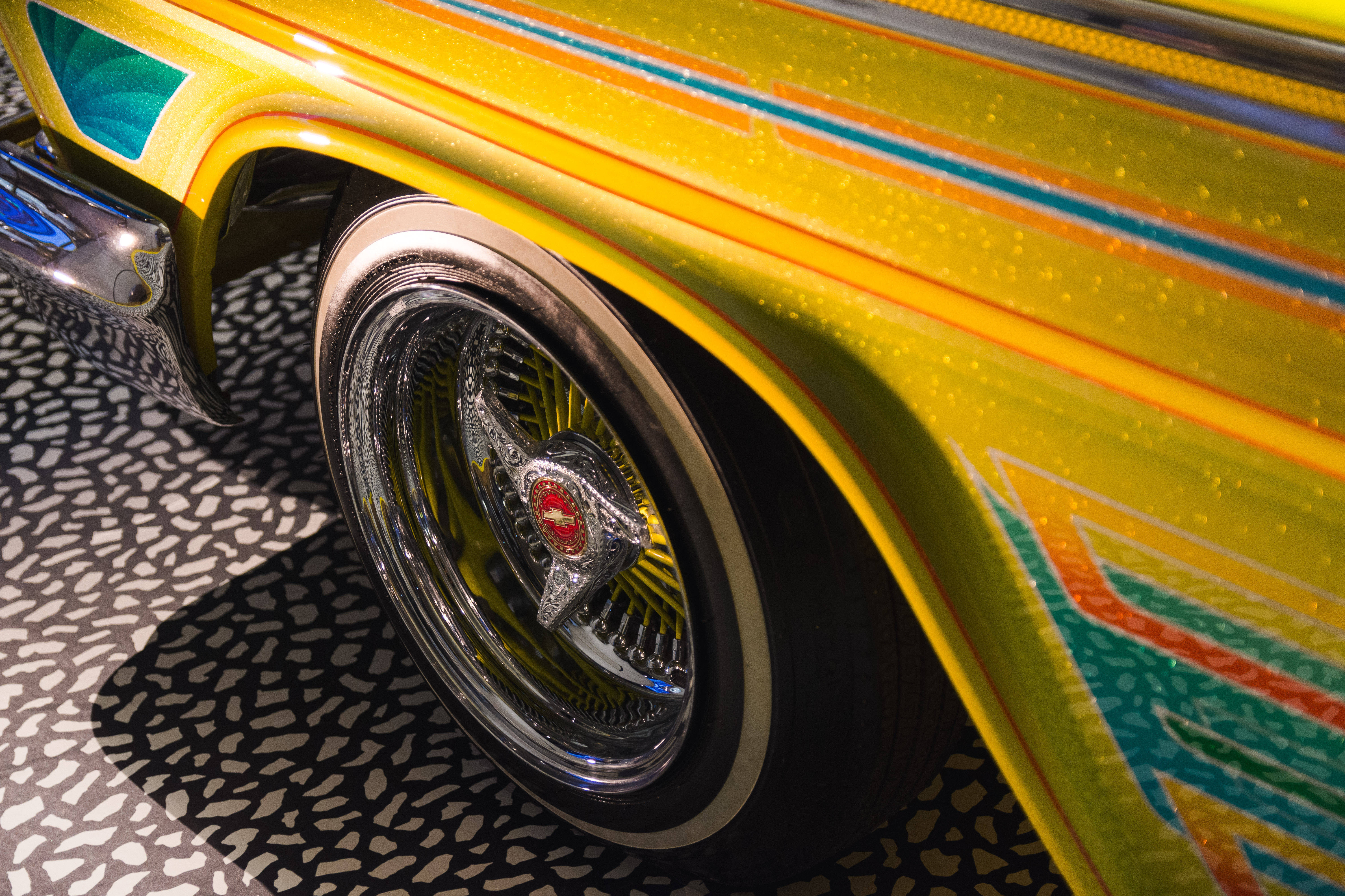 1966 Impala, vibrant yellow, chrome accents, 5K Desktop Wallpaper