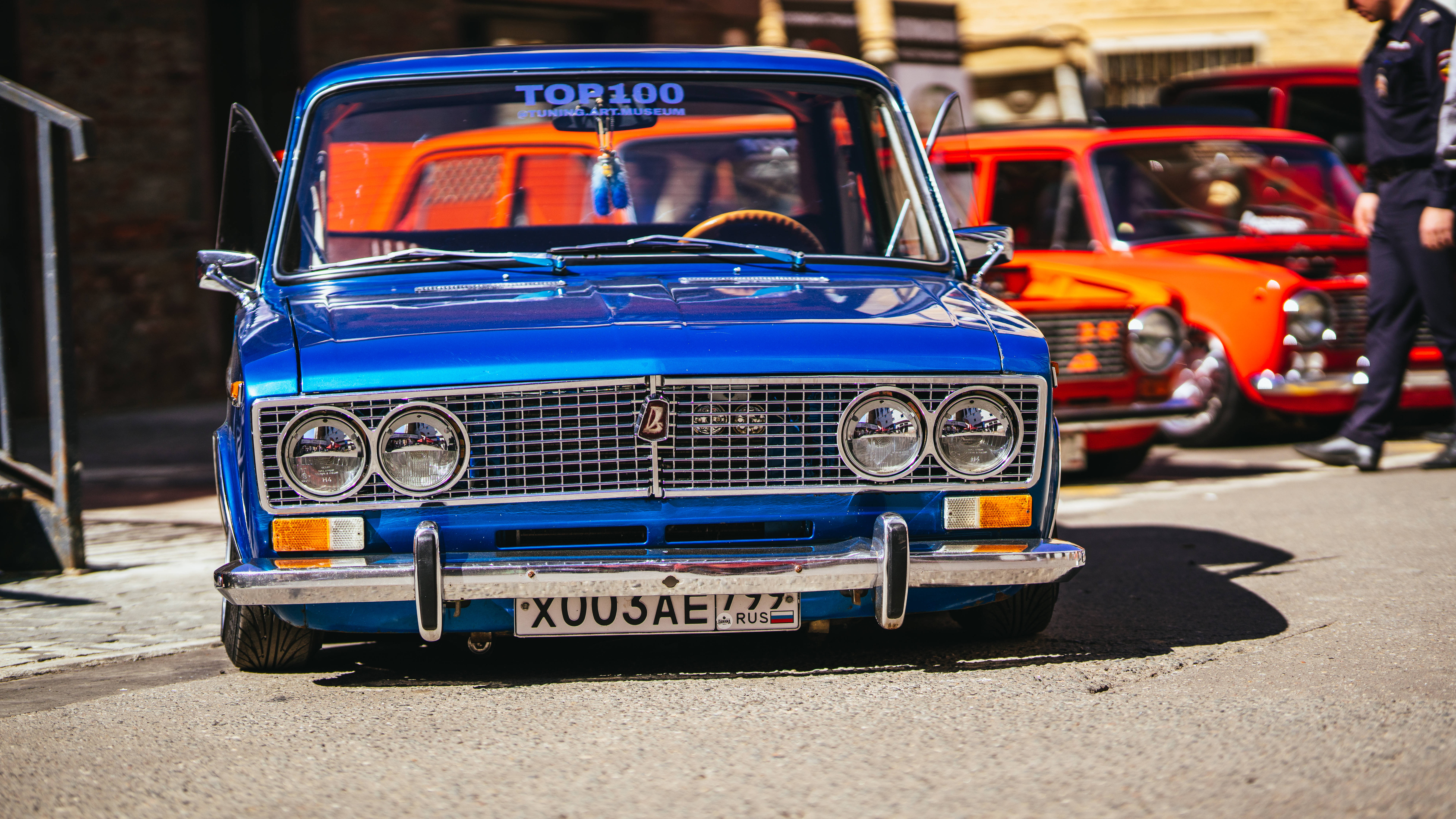 vintage blue VAZ-2103, chrome details, round headlights, 8K Desktop Wallpaper