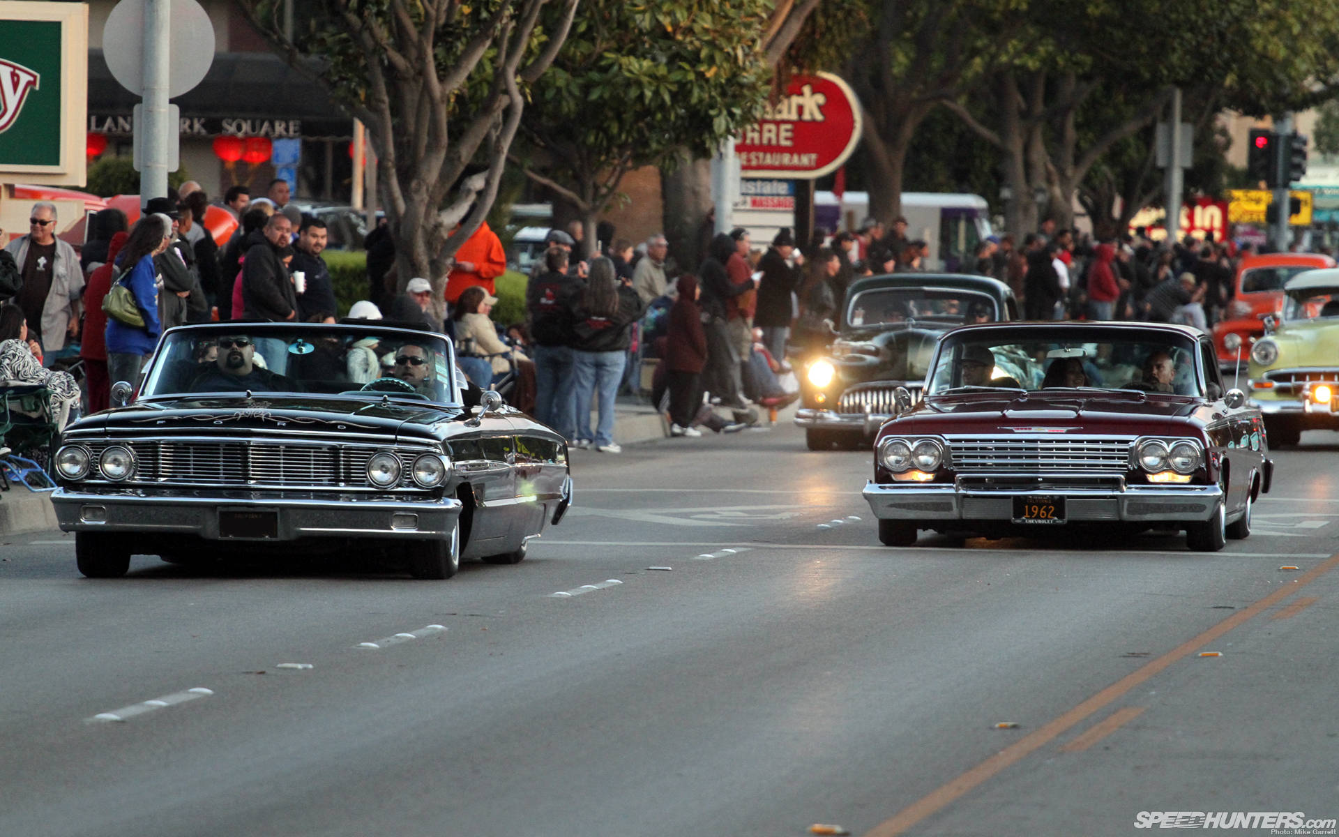 lowrider enthusiasts, classic American convertibles, tree-lined street, Full HD Desktop Wallpaper