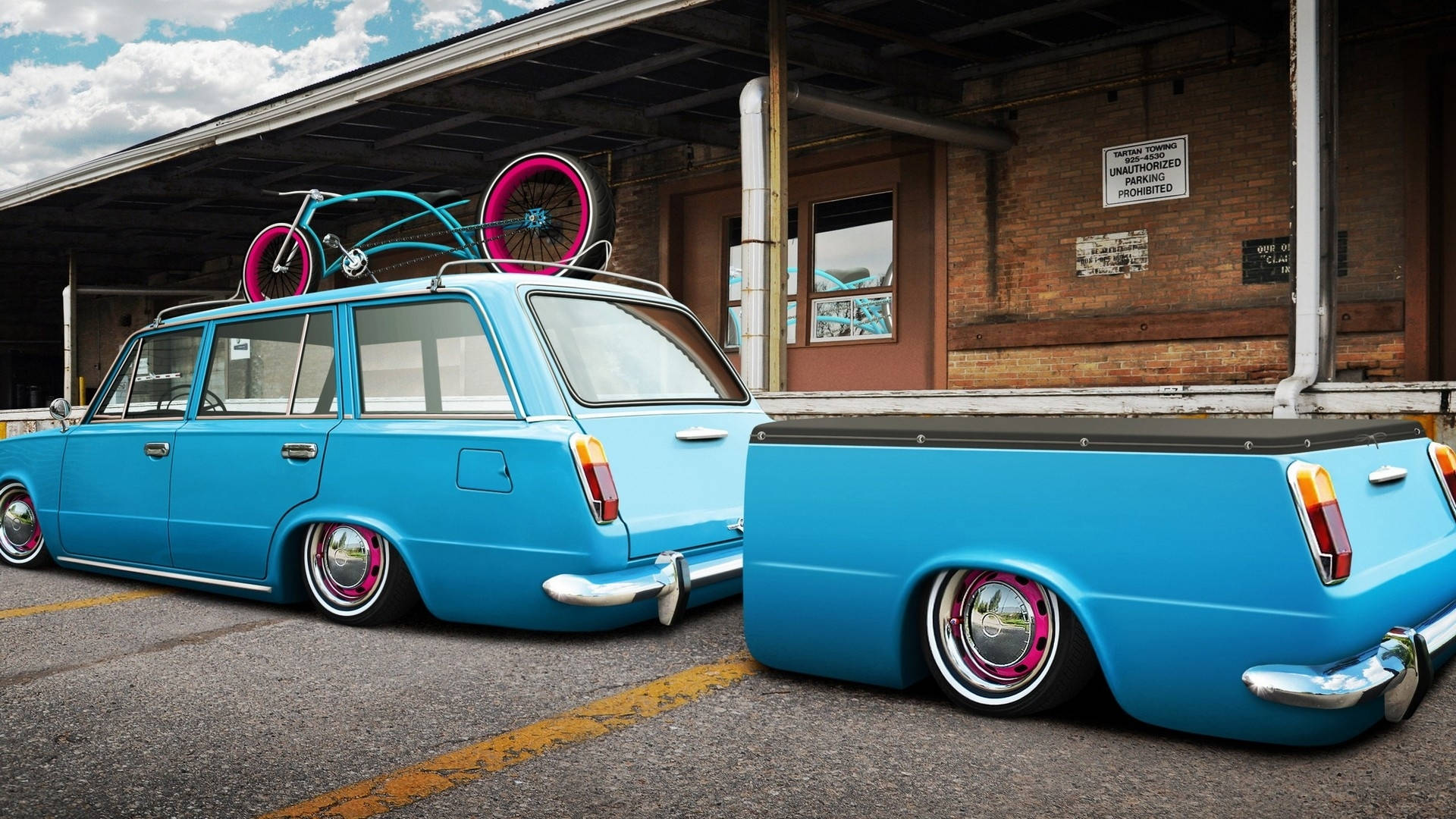 lowrider, blue lada, pink wheels, Full HD Desktop Wallpaper
