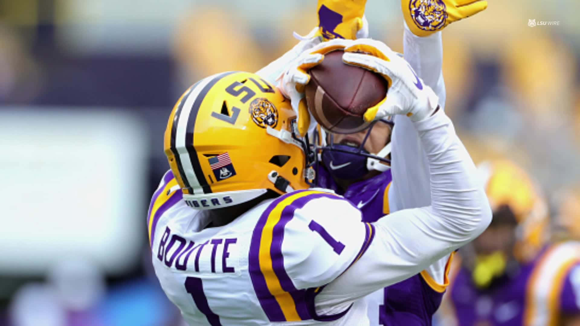 LSU Football, yellow and purple gear, one-handed catch, Full HD Desktop Wallpaper