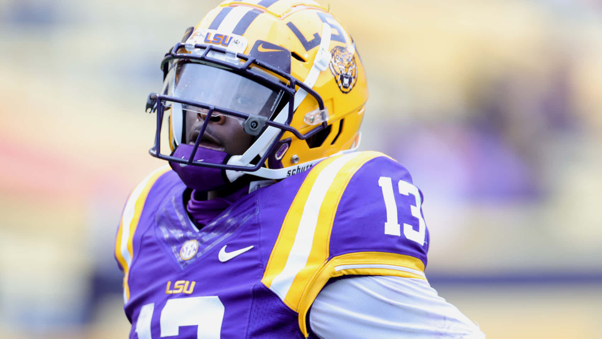 LSU Football, purple and gold uniform, number 13, Full HD Desktop Wallpaper