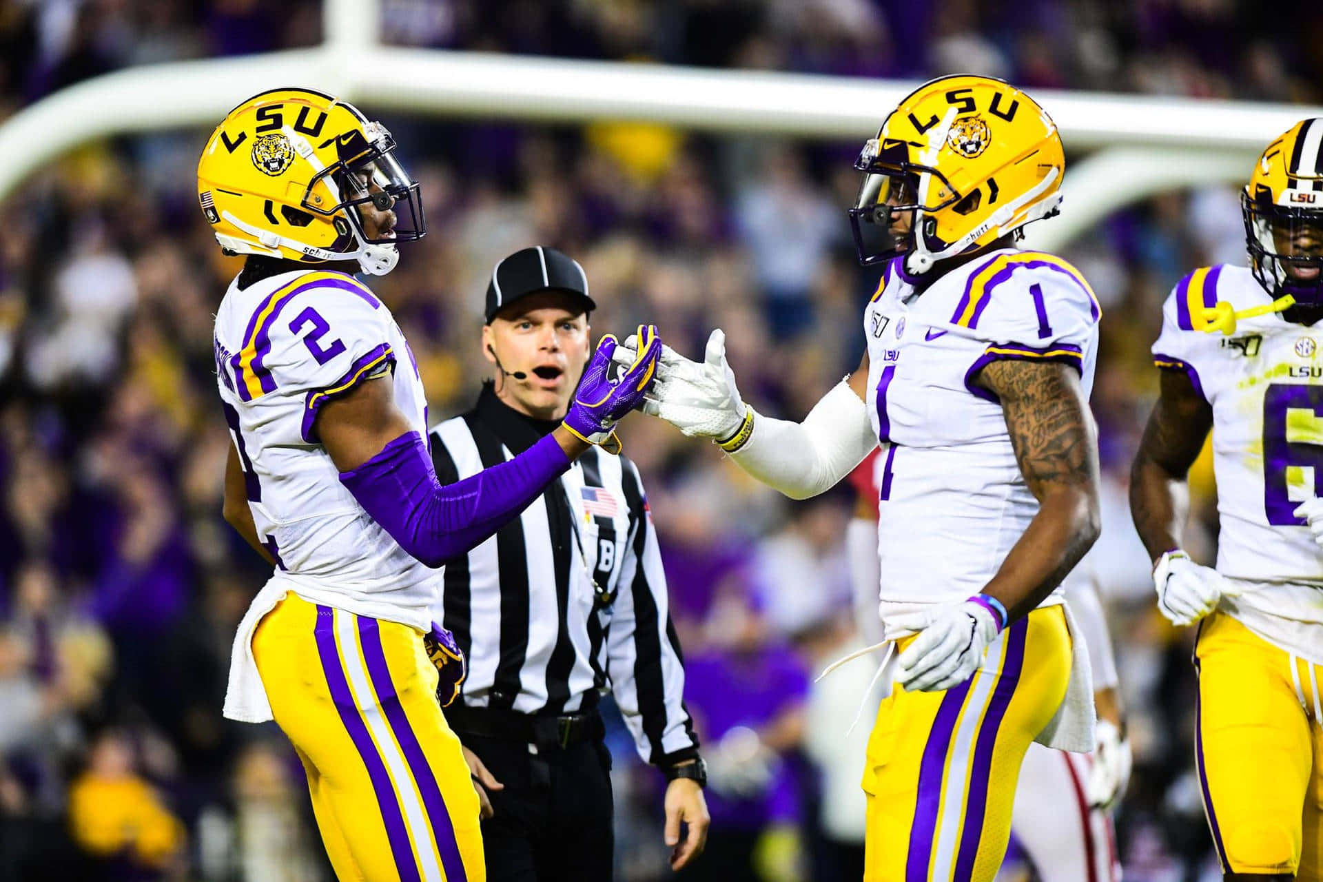 LSU Football, yellow and purple uniforms, night game, Full HD Desktop Wallpaper