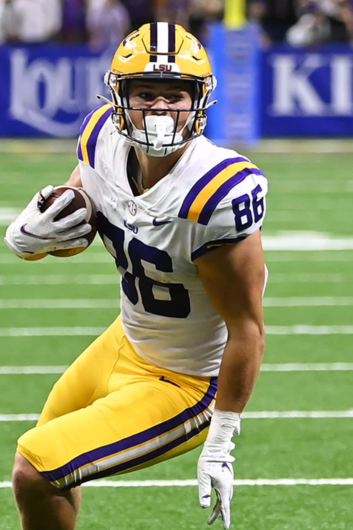 LSU Football, yellow and purple gear, green field, HD Phone Wallpaper